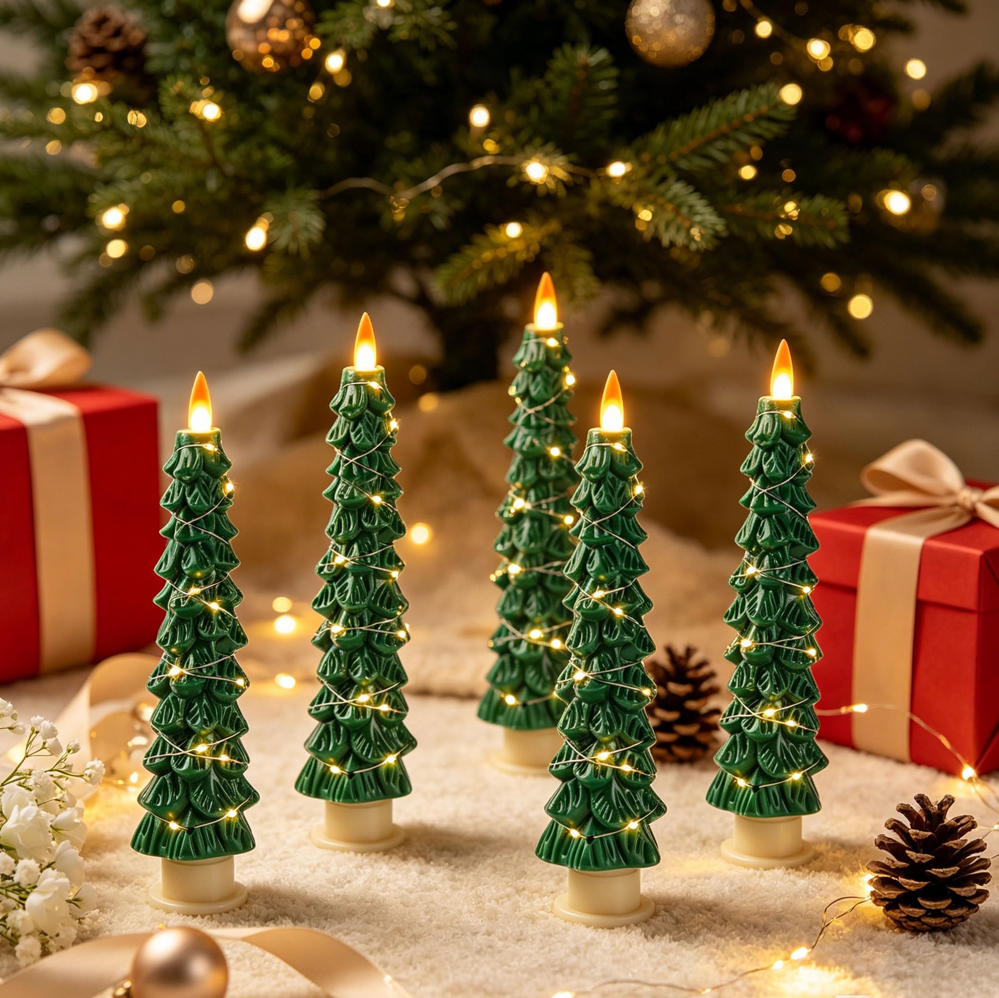 4 Candele LED a Forma di Albero di Natale Verdi, Candele Senza Fiamma con Catena di Rame, Effetto Fiamma Realistico Aggiornato, Funzionanti a Pile con Telecomando per Decorazioni Natalizie e Casa