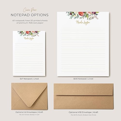 Miniatura 2 de Floral Note Card and Envelope Stationery Set with Custom Watercolor Flower Design, Glued 5 x 7 or 8 x 10 Notepad with 50 Sheets, Divine Pad