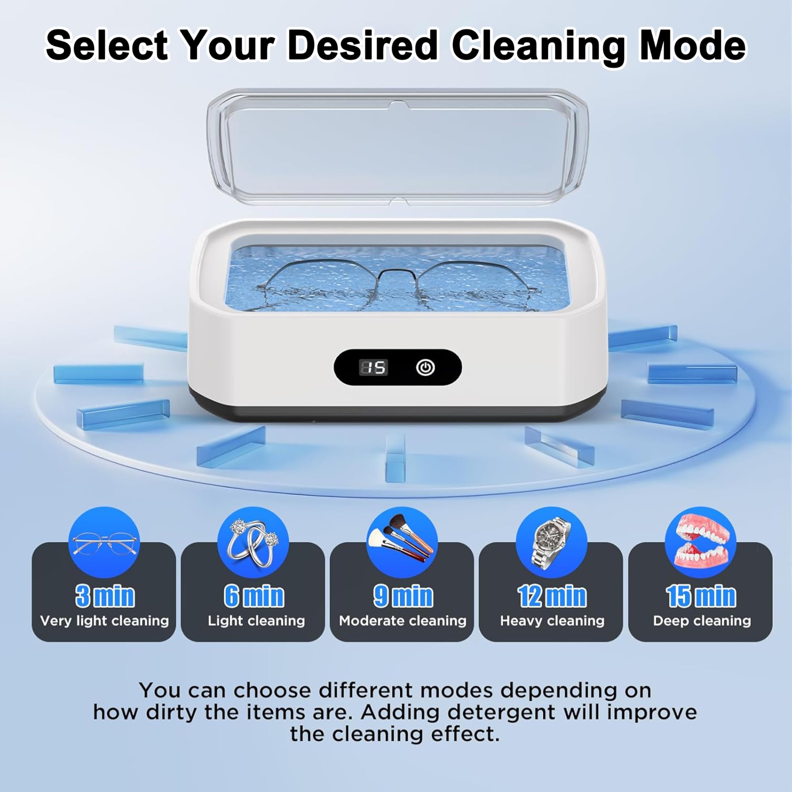 Limpiador ultrasónico de 49 kHz, gran capacidad de 650 ml, temporizador digital LED de 5 niveles, depósito interior de acero inoxidable 304, ideal para gafas, joyas, prótesis dentales, relojes