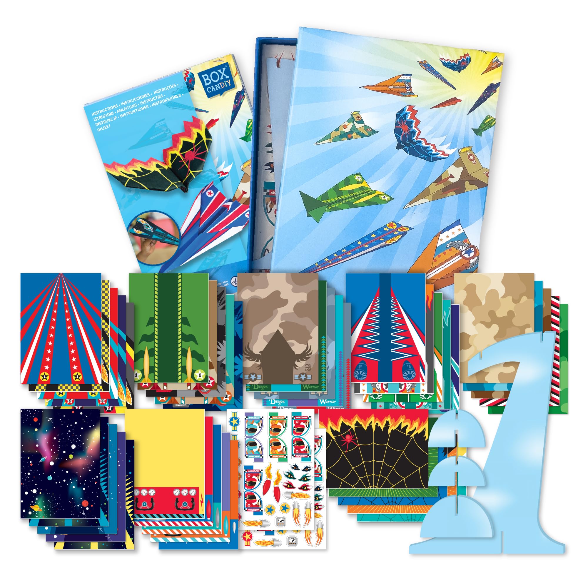 BOX CANDIY Paper Plane Origami Kit for Kids I Create 40 Colourful Planes with Folding Designs, Stickers, Stand & Storage Box I Arts and Crafts Set with Instructions