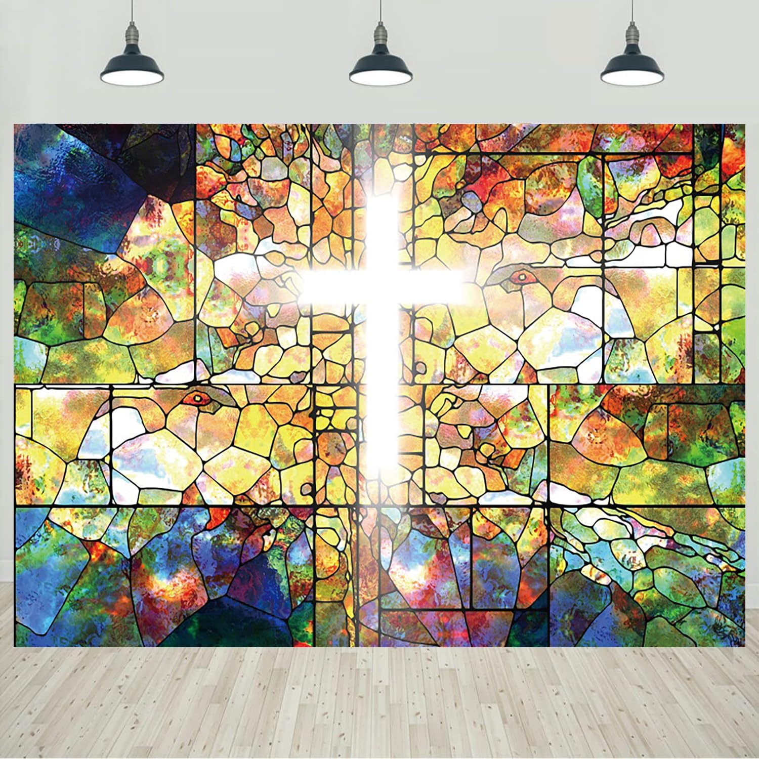 7x5ft Jesus Christ Cross Backdrop Stained Glass Holy Bible for Church Event Photography Background Crucifix Christian Religious Easter Decorations Banner Portraits Photo Studio Props