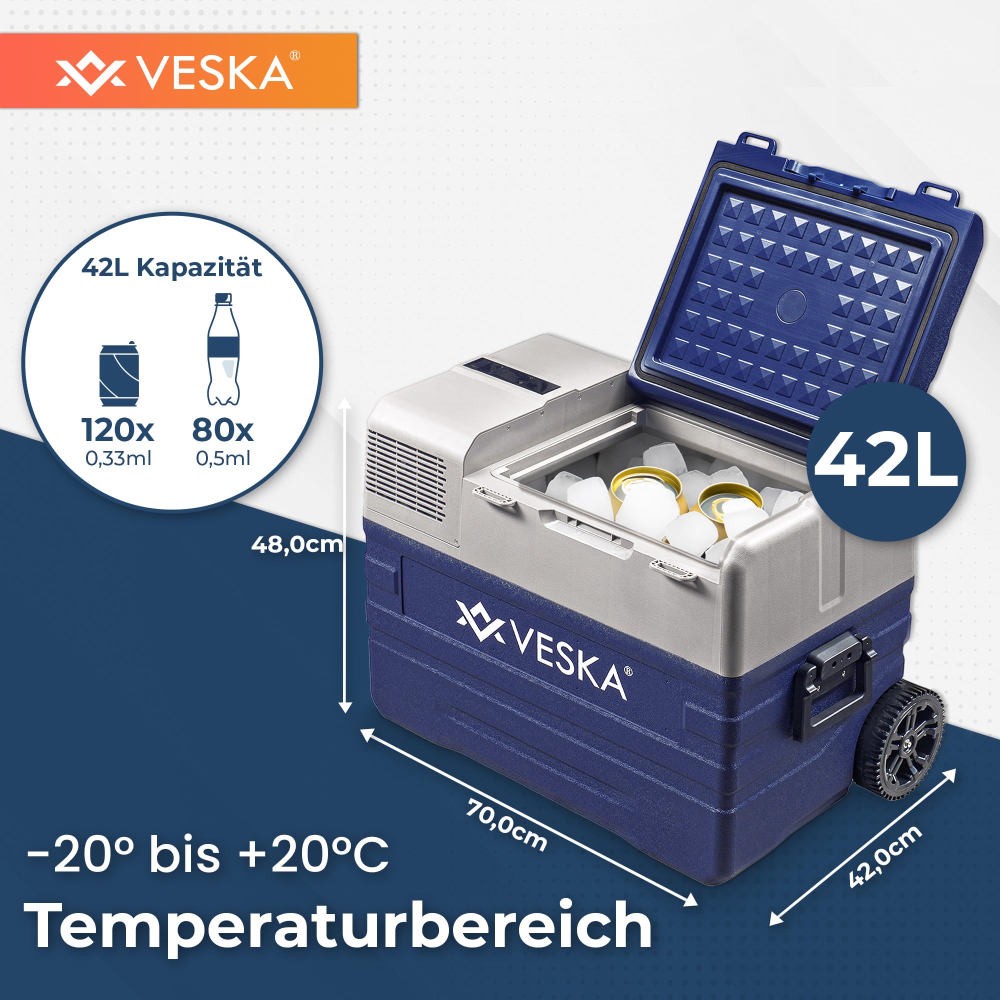 Kompressor Kühlbox elektrisch, Gefriertruhe mit APP-Steuerung, USB-Anschluss, 12/24V, 230V, Räder, transportabler Kühlschrank, Kühltruhe, Gefrierbox bis -20 °C für Auto, LKW, Boot (42L - blau)