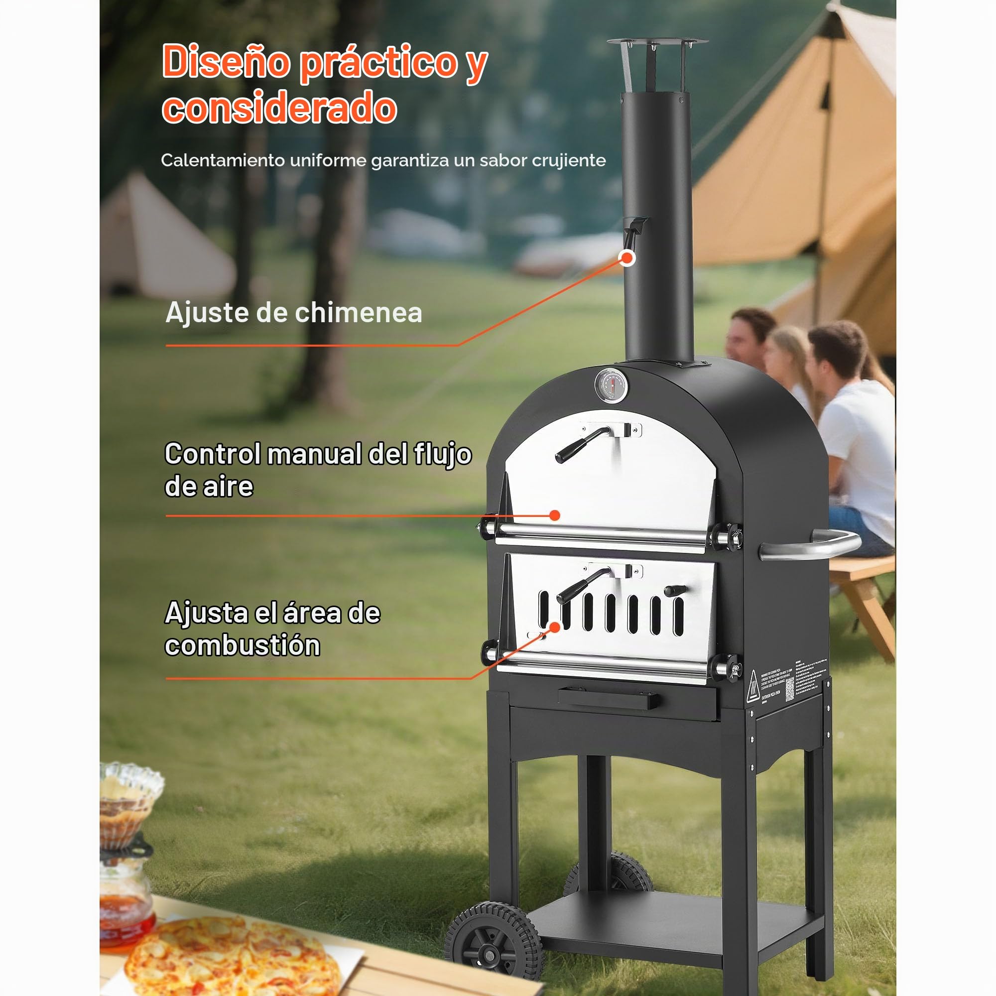 VEVOR Horno de Pizza de Pellets de Leña de 2 Capas, para Exteriores, con 2 Ruedas Extraíbles, Máquina para Hacer Pizzas con Una Temperatura Máxima de 540 °C para Asar, 540 x 445 x 1420 mm, Negro