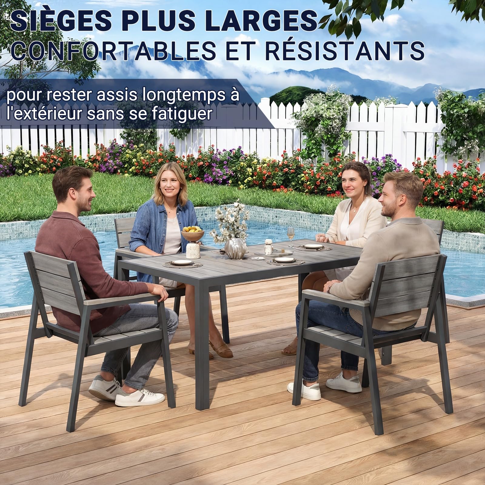Devoko Chaises de Jardin Lot de 6, HDPS Chaises d'Extérieur en Aluminium Résistantes Imperméables avec Finition à Veine de Bois, Assise de Taille Améliorée Supportant 160 kg, Faciles à Nettoyer, Gris