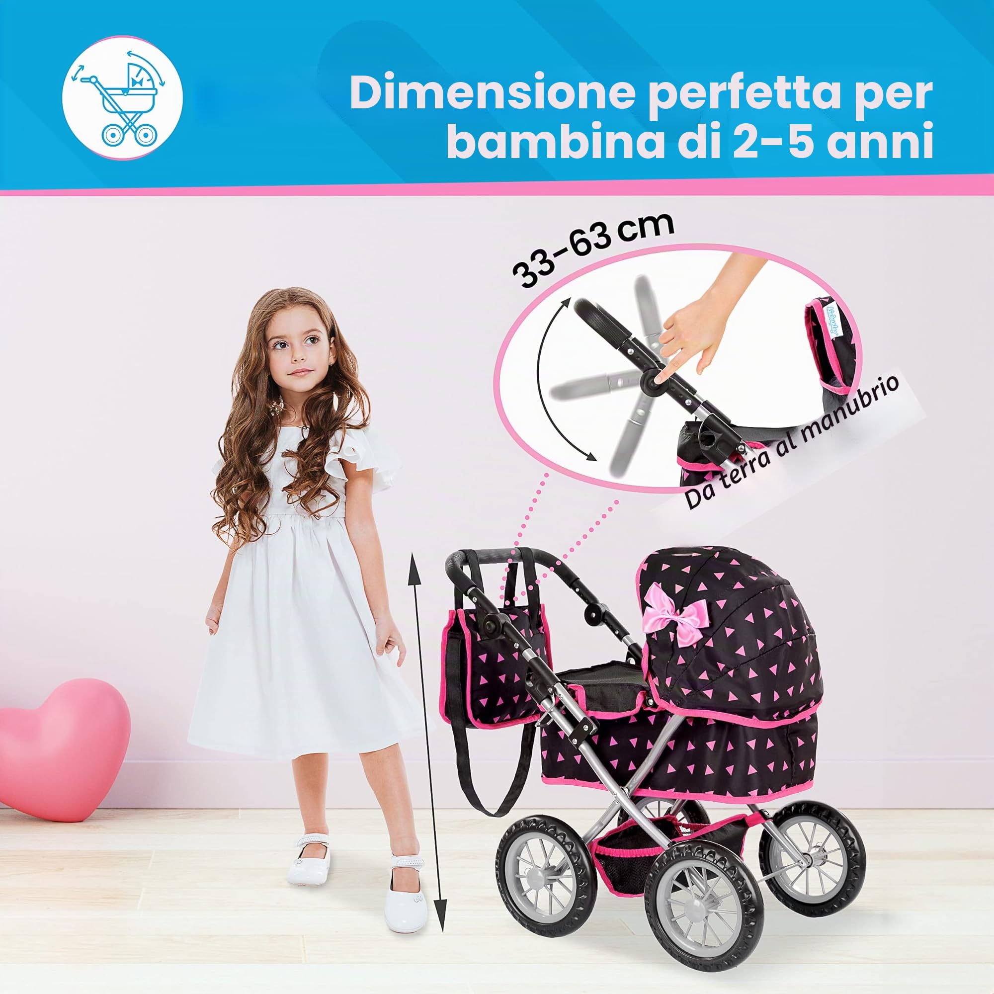 Kinderplay Carrozzina per Bambole con Gondola – Manico Regolabile 33–63 cm – Adatta a Bambole fino a 41 cm – Ruote in Schiuma Silenziose – Passeggino Giocattolo 3+