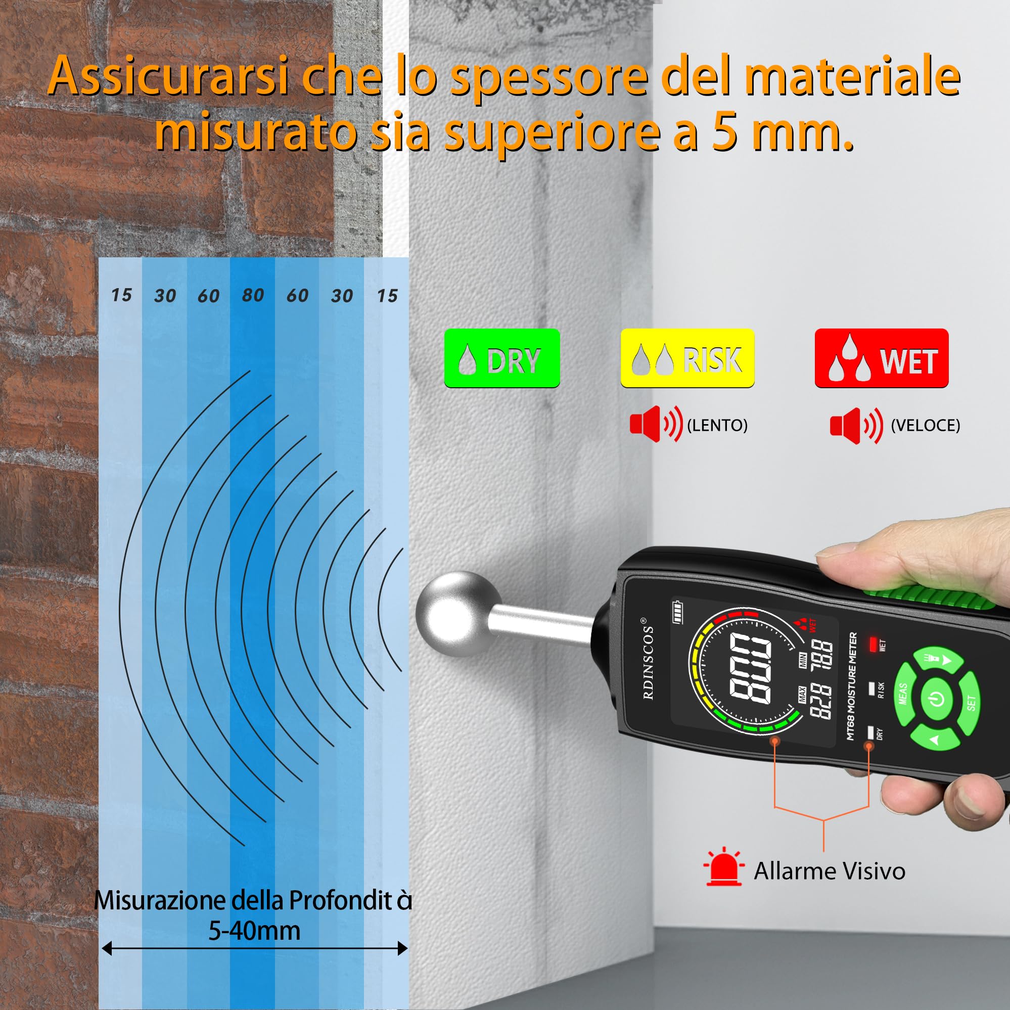 Misuratore Umidità Muri, RDINSCOS Rilevatori Di Umidità Igrometro Professionale Senza Ago con Funzione di Allarme Analisi Della Profondità di 5-40 mm,per Parete, Legno,Intonaco,Muratura (MT68)