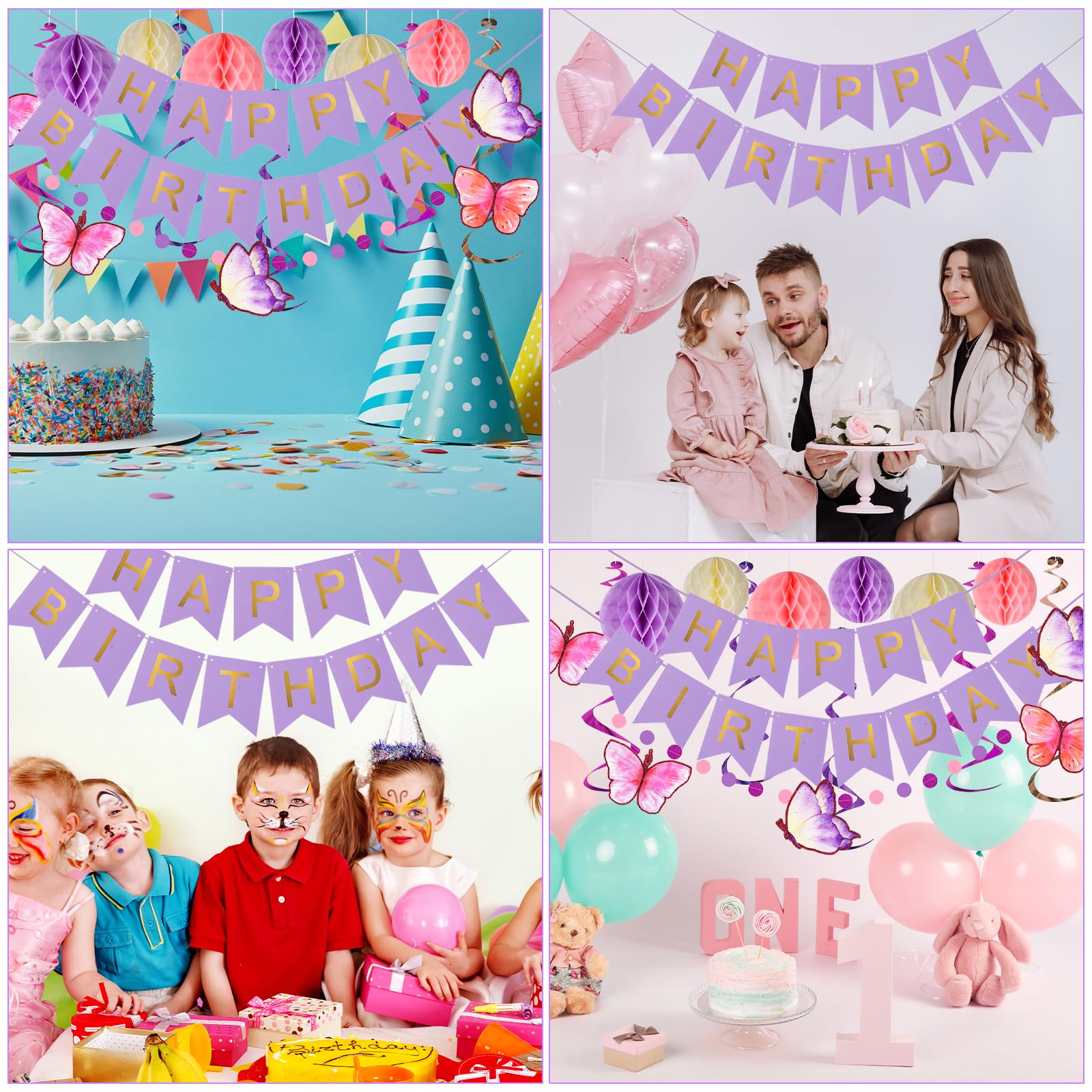 Décorations D'anniversaire Papillons, Bannière « Happy Birthday » Violette Avec Boule En Nid D'abeille, Serpentins à Suspendre, Guirlande De Pois Circulaires, Décoration De Fête D'anniversaire Pour
