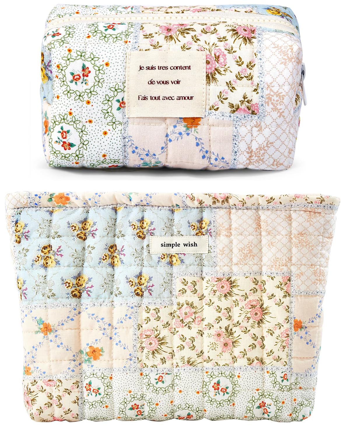 CHAMAIR Floral Makeup Bag - Quilted Makeup Bag Coquette Toiletry Bag Aesthetic Cute Cosmetic Pouch Travel Skincare Bag for Women Ladies Girls (2PCS C01)