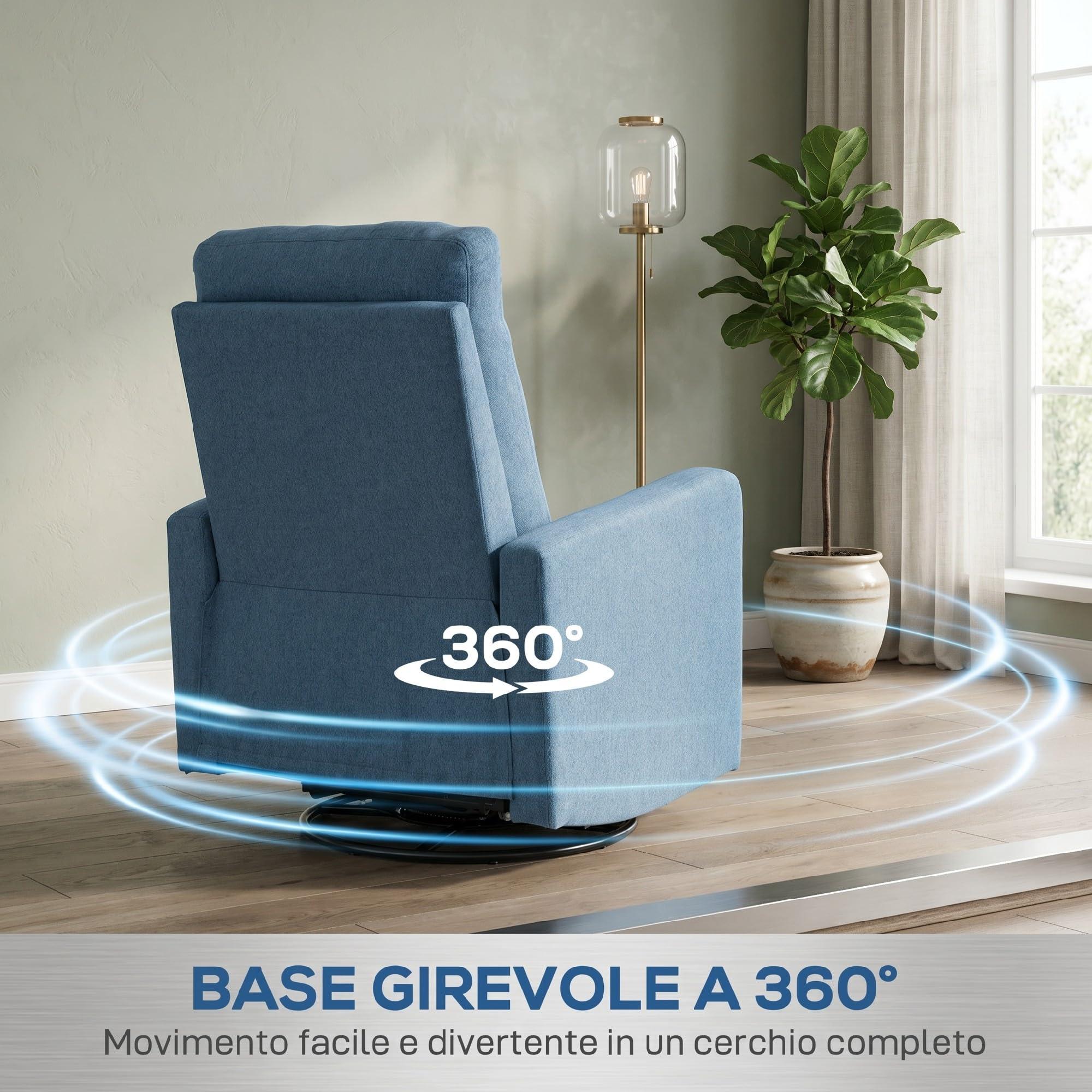 HOMCOM Poltrona Relax Reclinabile Manuale con Poggiapiedi, Seduta Ampia, Poltroncina Imbottita Girevole con Funzione Dondolo, in Tessuto Effetto Lino per Soggiorno e Salotto, 76x94x100 cm, Blu