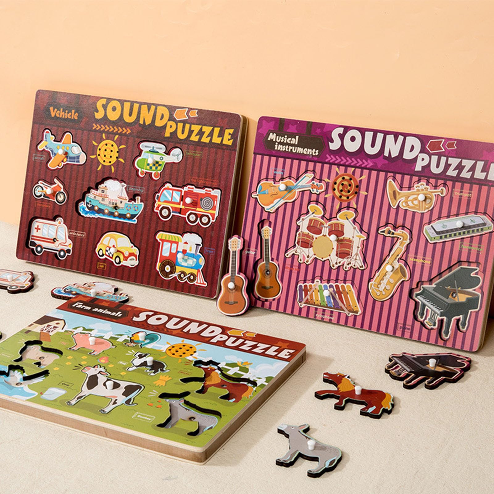 Giocattolo Puzzle Sonoro in Legno, Tavola Puzzle Sonoro con Pioli