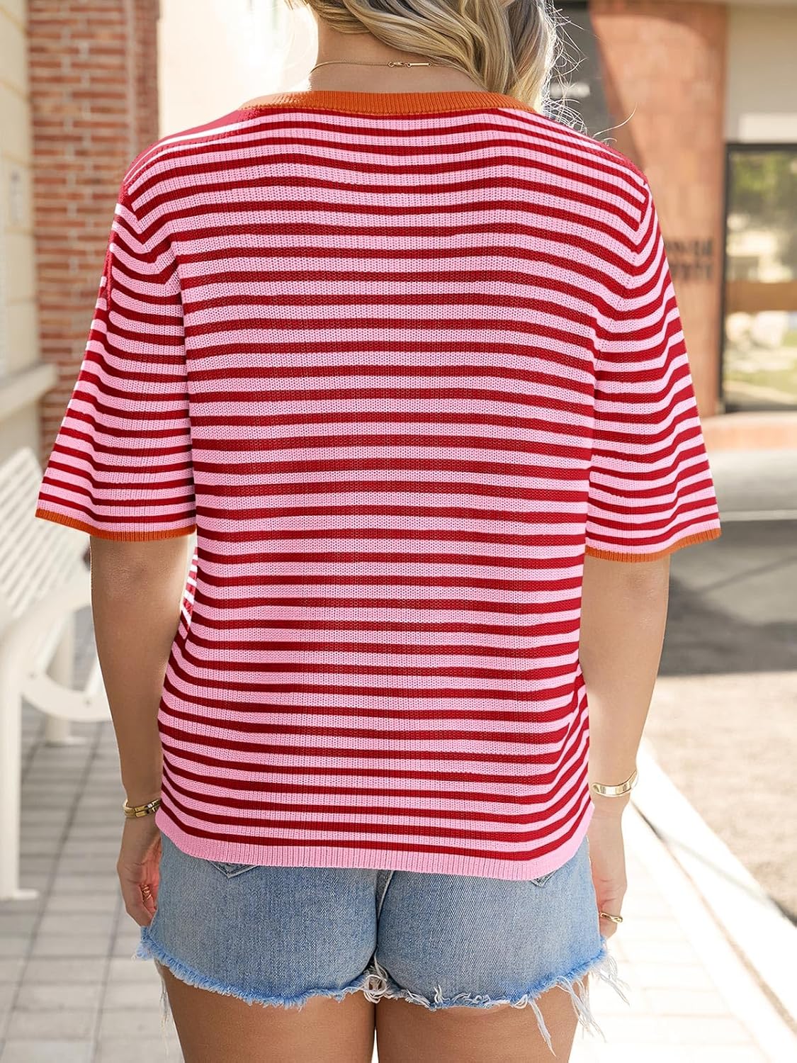 Saodimallsu Womens Short Sleeve Cardigans Lightweight Striped Button Down Crew Neck Spring Summer Sweater Tops - Image 6