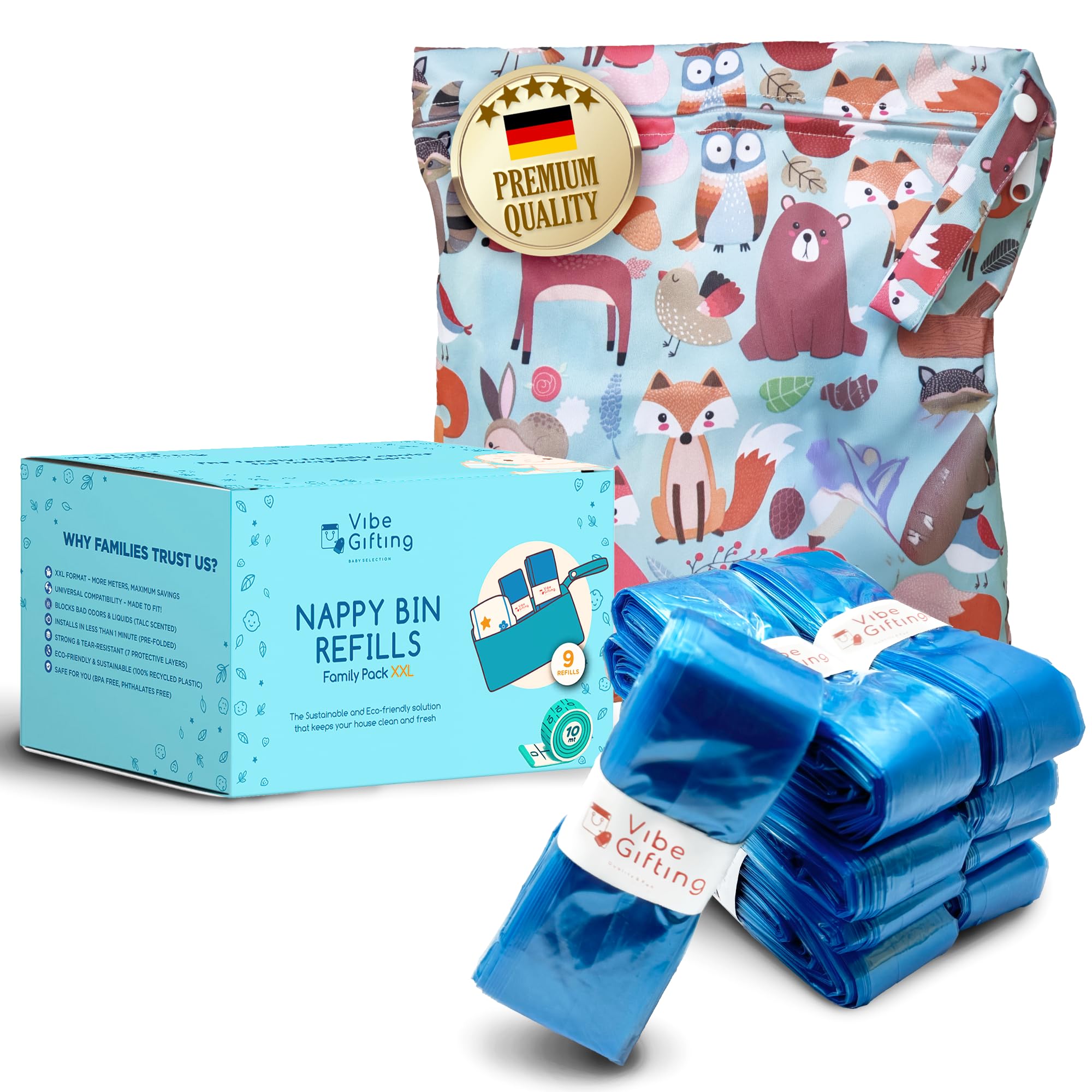 VibeGifting® XXL-Familienpackung – 9 windeleimer nachfüllfolie à 10 m, kompatibel mit Tommee Tippee Nachfüllkassette, Universell, Duftend, Geruchsneutralisierend, BPA-frei, 100% Recycelt