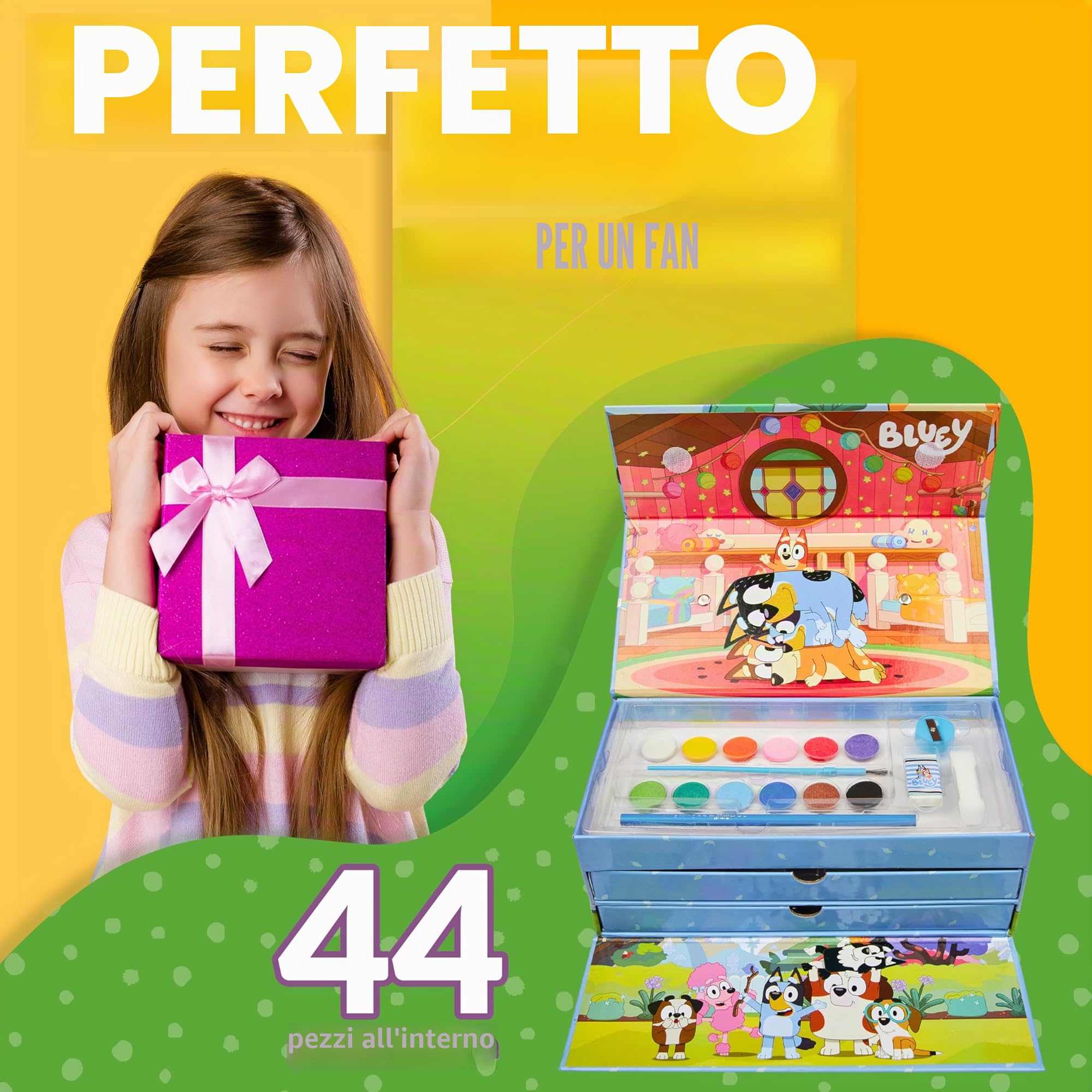 Bluey Valigetta Colori per Bambini, Set Colori Disegno, Penne Colori a Matita Pastelli in Colori Valigetta, Regali Bambini (Blu 3 livelli)