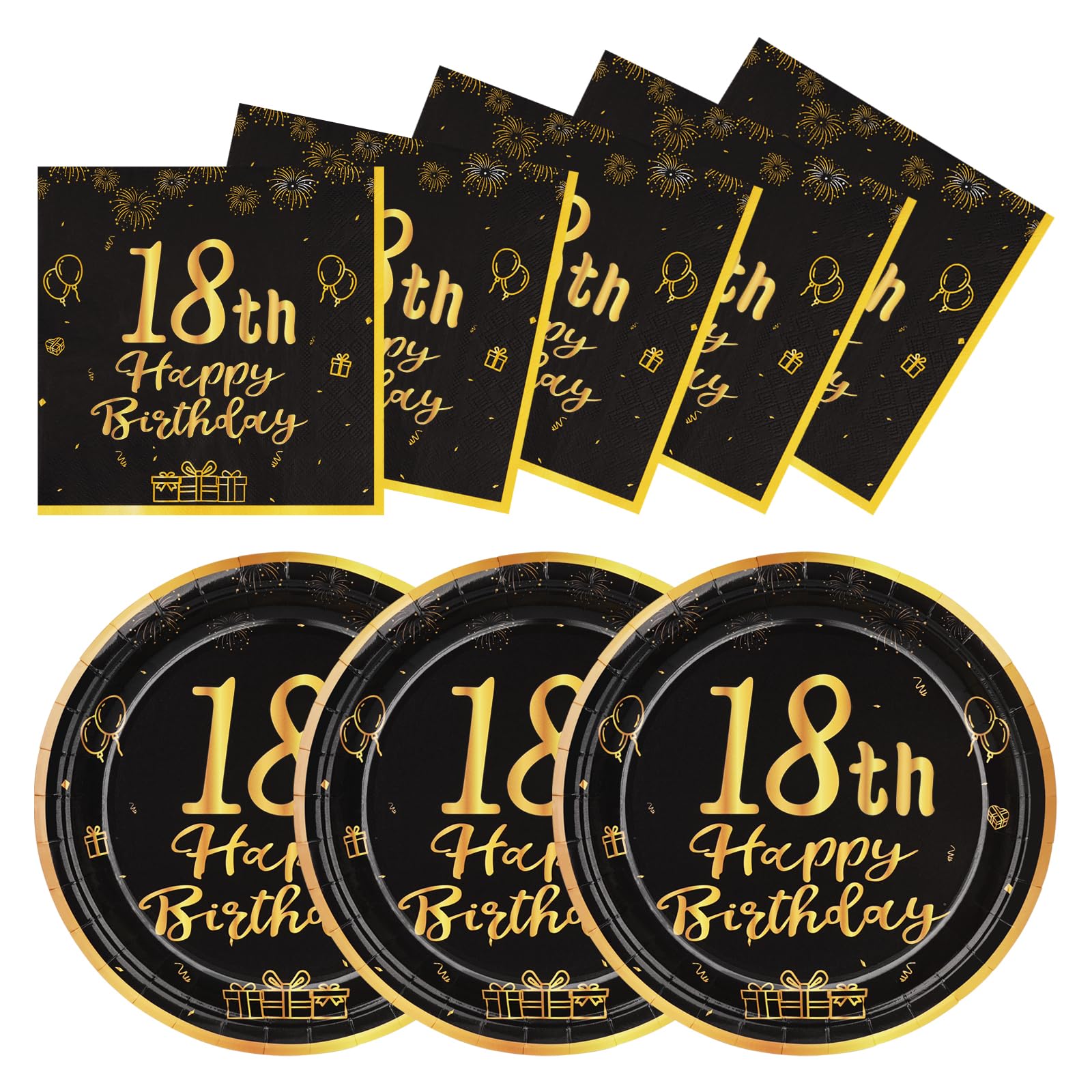 LAWALEISHE 18th Happy Birthday Paper Plates and Napkins, Black Gold 9" Disposable Strong Plates for Parties, 48pcs Party Tableware Set 24 Guests, Birthday Supplies for Table Decorations