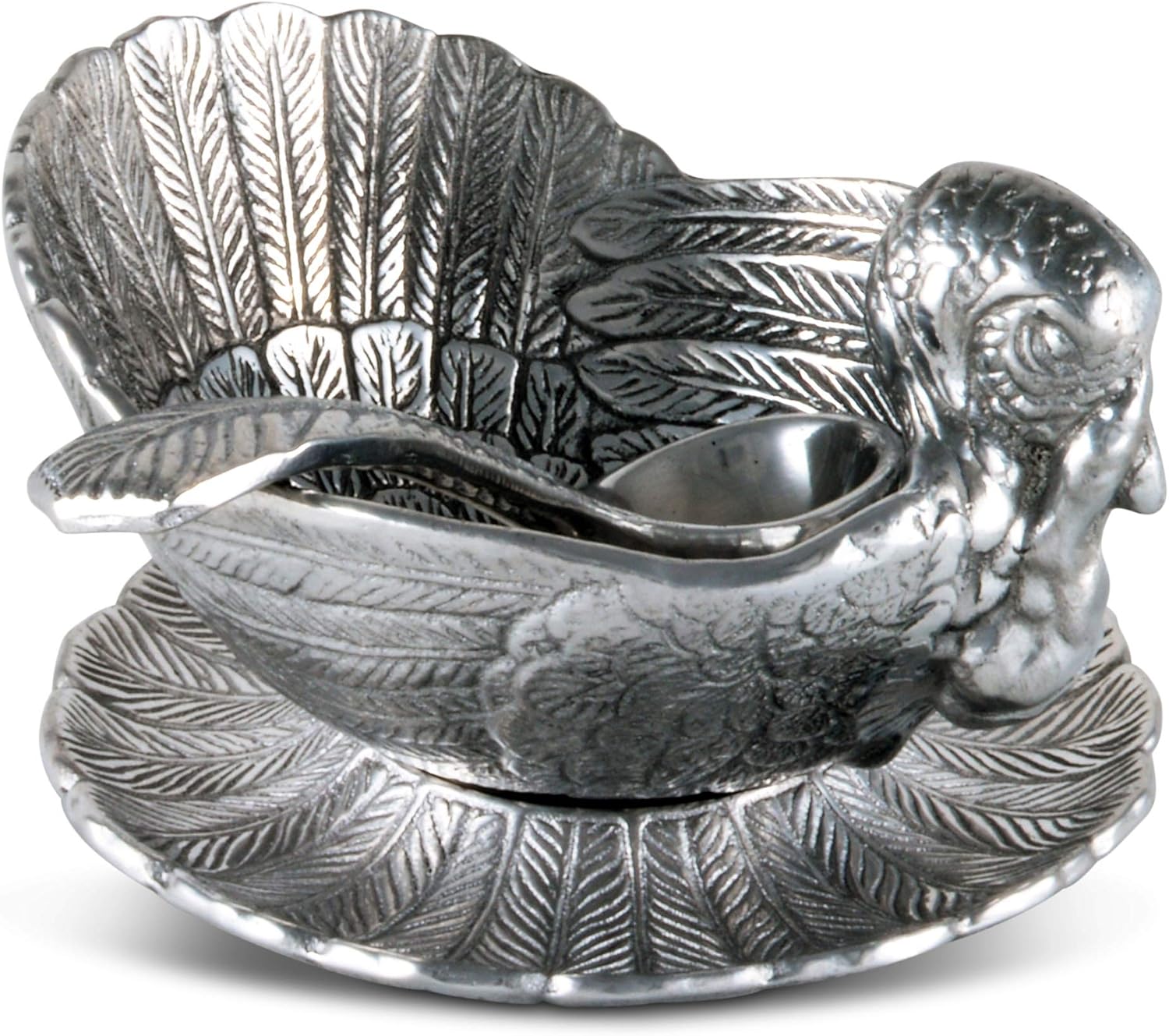 Arthur Court Designs Aluminum Turkey 3-Piece Condiment Set Tray/Bowl/Spoon 7 inch Diameter Tray