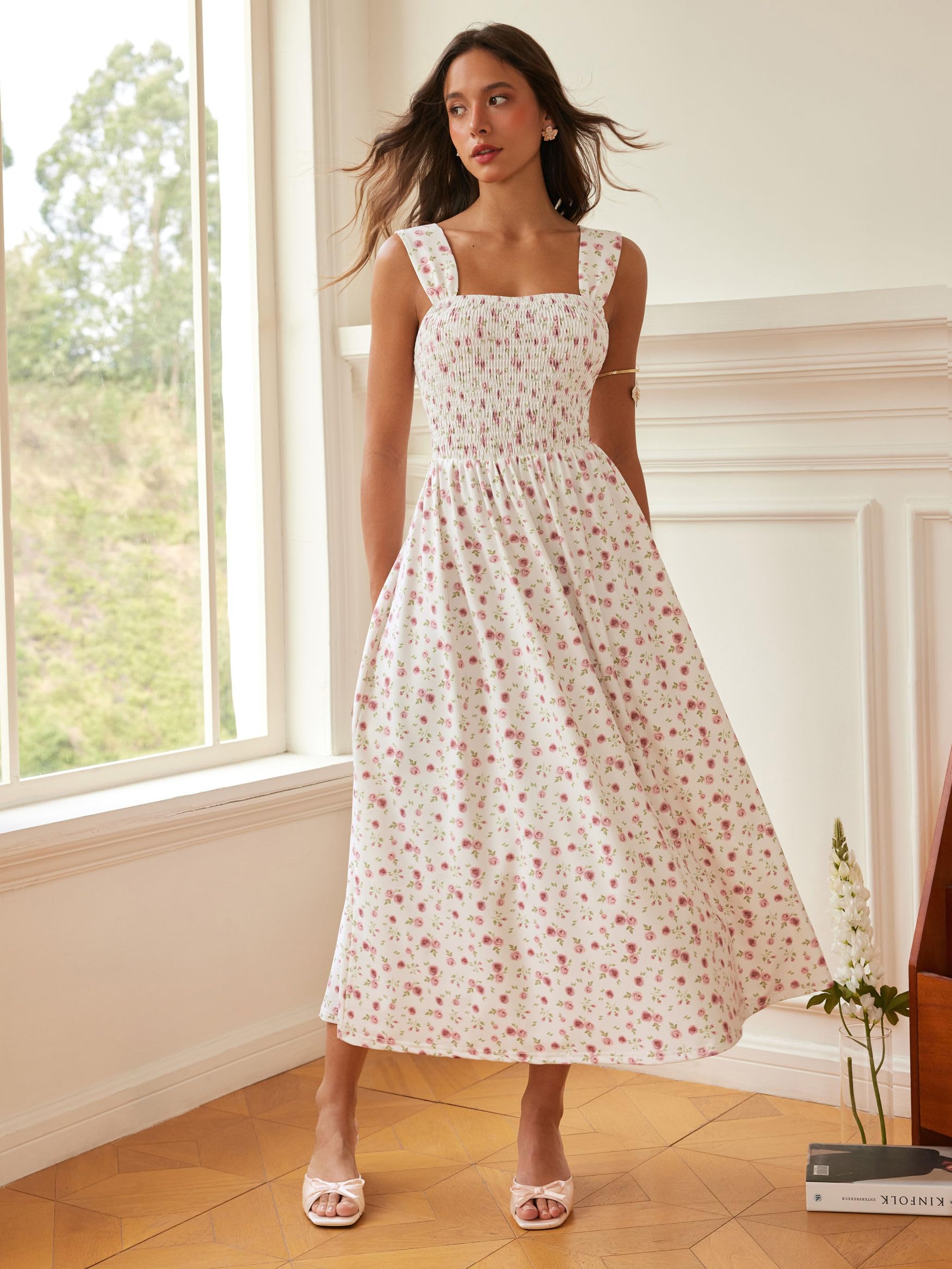 cider floral midi dress Cider Floral Insect Print Midi Dress 3X 4X Cotton Tie Shoulder Green Cottagecore
