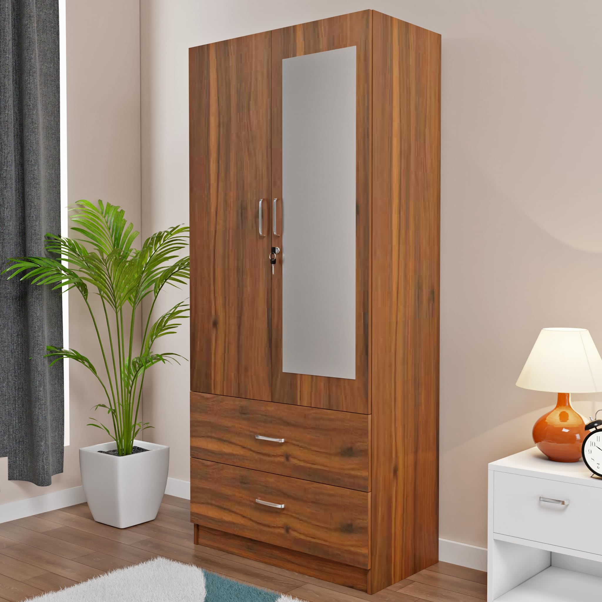 VIKI Wardrobe | Albarracin Wardrobe | Wooden Almirah for 2 Door Wardrobe with 2 Drawer & Hanging Space with Mirror (Brussel Walnut - 40D x 80W x 180.8H) | 1 Year Warranty | Free Assembly