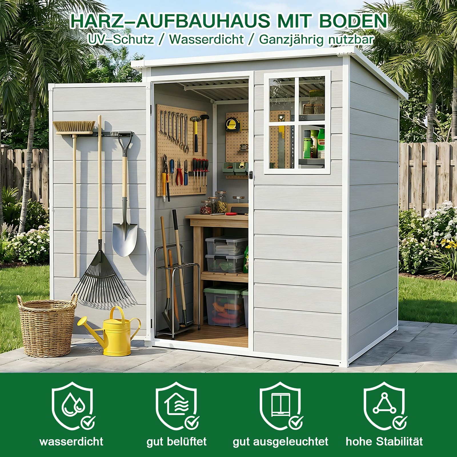 Kunststoff Gerätehaus 138×110.5×182cm,Geräteschuppen mit Fenstern, Schrägdach und Sicherer Tür,Zur Aufbewahrung von Gartengeräten. Inklusive Bodenplatte,Ideal für Garten,Terrasse