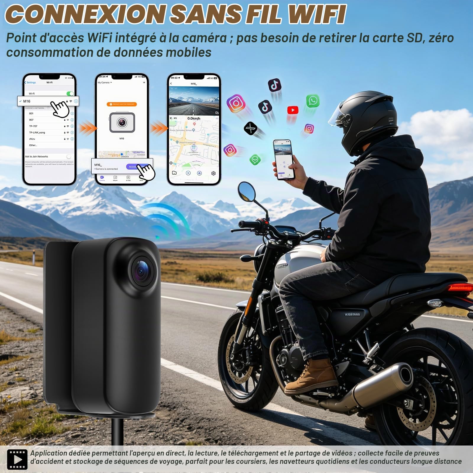 Caméra embarquée 1296P pour Moto, étanche IP67, avec Vision Nocturne et Grand Angle d'ouverture de 146°, caméra 8-100 V, Connexion d'alimentation Via Acc pour Moto/vélo électrique