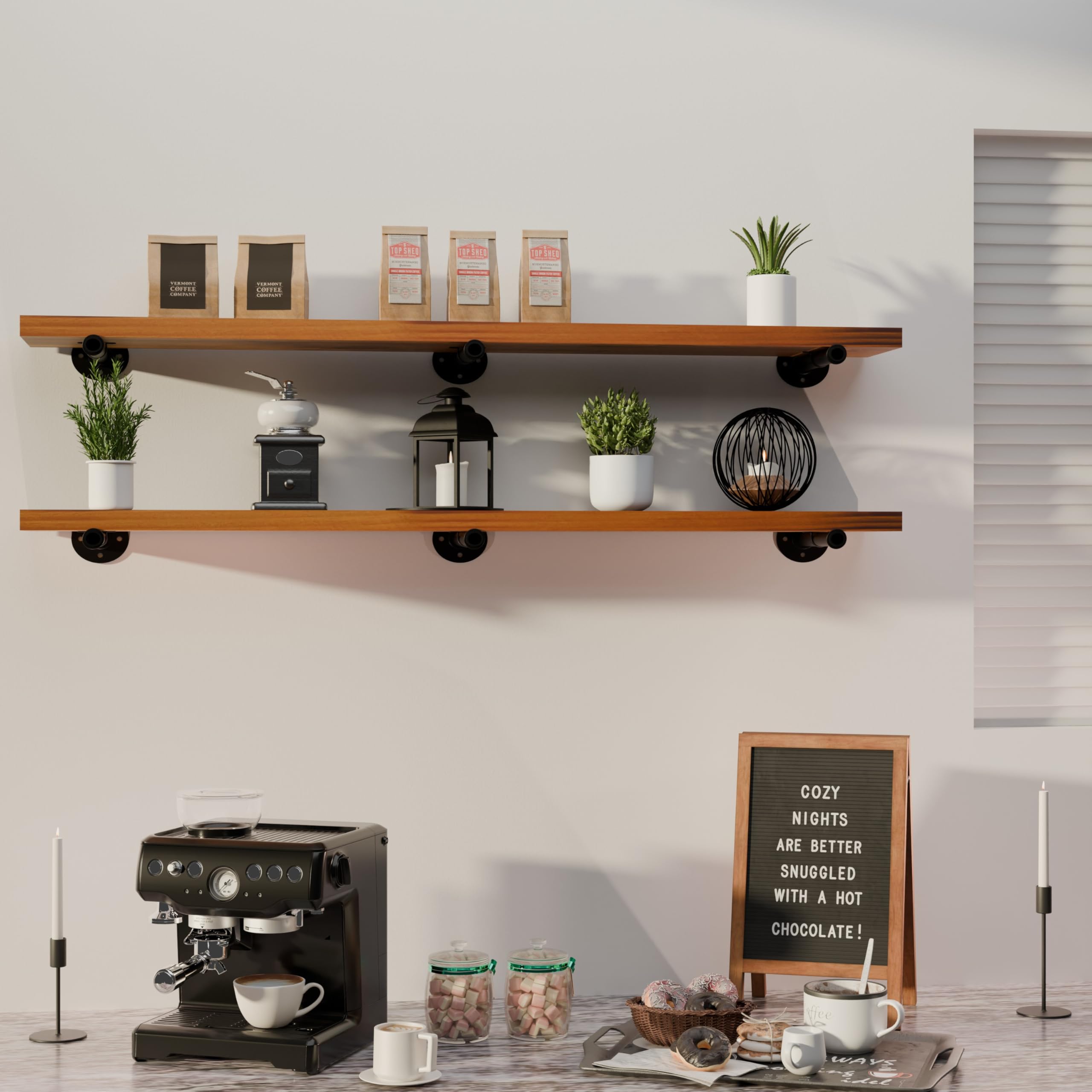 HDDFER Industrial Pipe Wall Wood Shelves,Real Wooden Shelves 55" in Special Brown Color with 1.2" Extra Thickness, Modern Floating Shevles Bookshelf