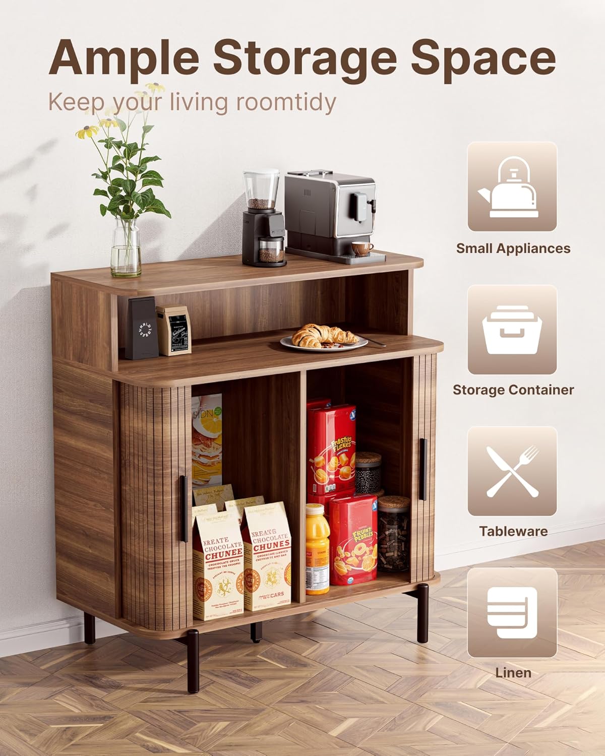 SUNCOZE Buffet Sideboard Cabinet with Big Storage Space, Fluted Coffee Bar Cabinet with Shelves, Modern Wood Console Cabinet for Kitchen, Entryway & Living Room (Walnut)