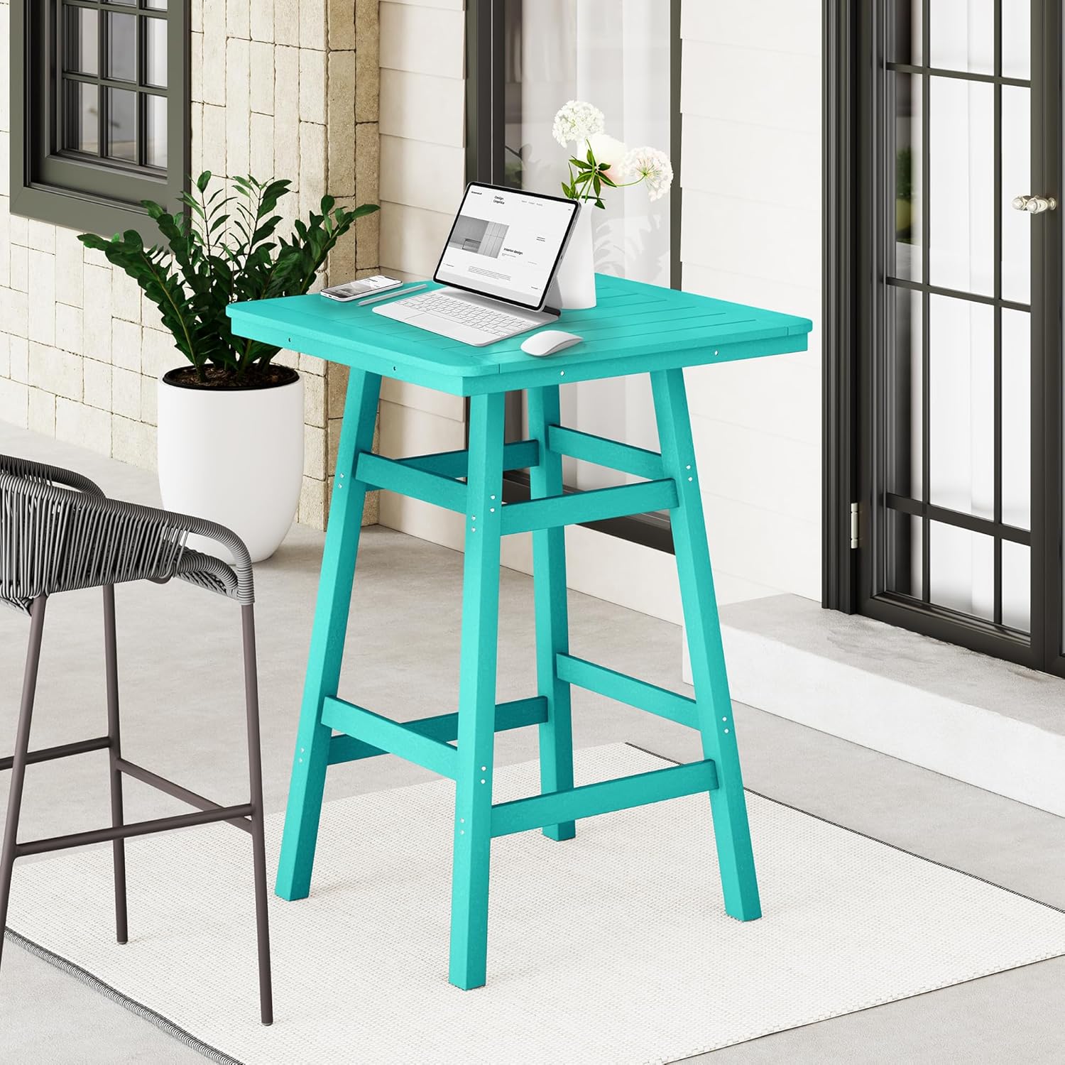 Costaelm Outdoor Bar Table, 42" Counter Height Square Patio Cocktail Bar Table with Umbrella Hole, Patio Bistro Dining Pub Table for Front Porch Deck Backyard Garden, Turquoise