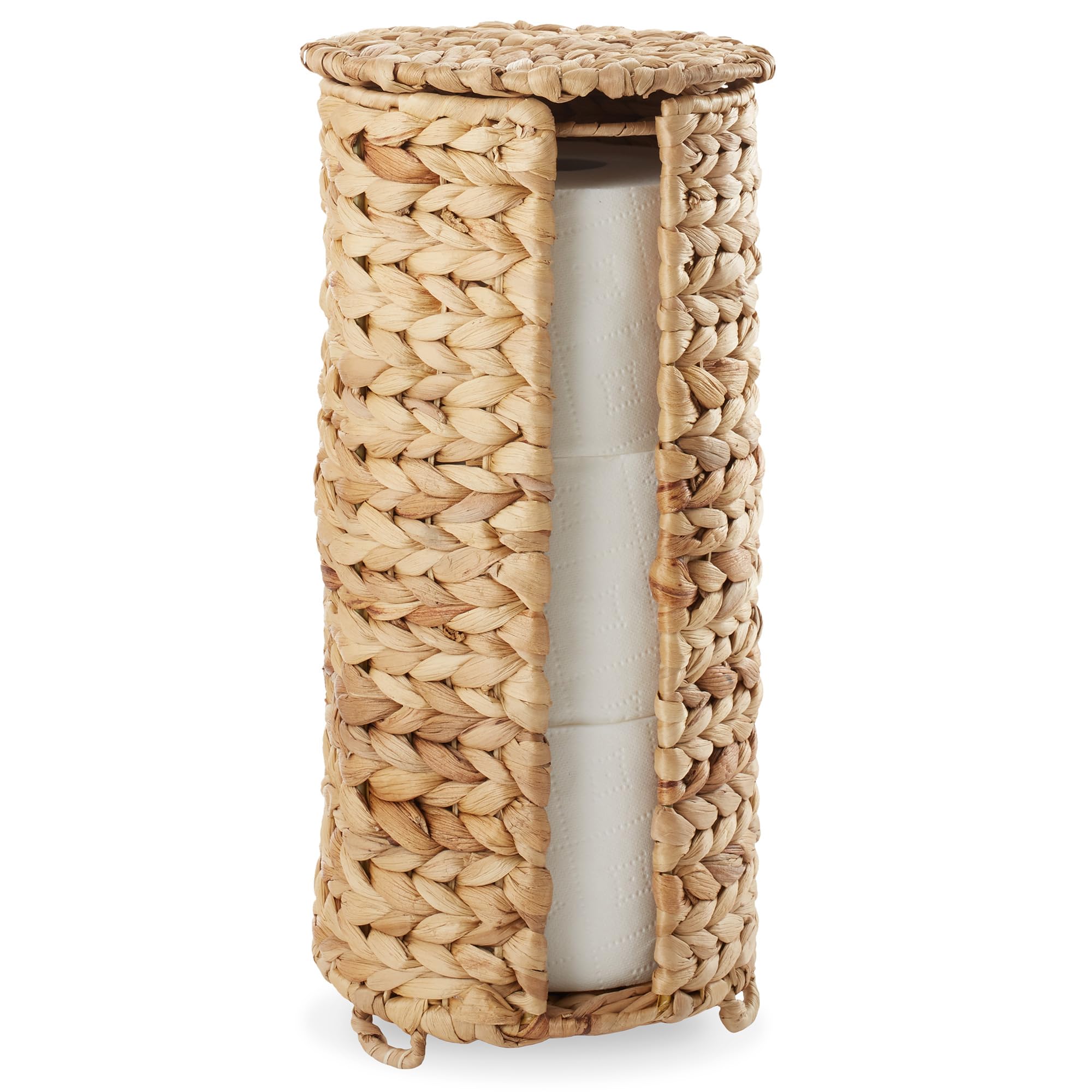 Casafield Free Standing Toilet Paper Storage Roll Holder with Lid - Natural, Fits 3 Rolls, Water Hyacinth Bath Tissue Organizer for Bathroom