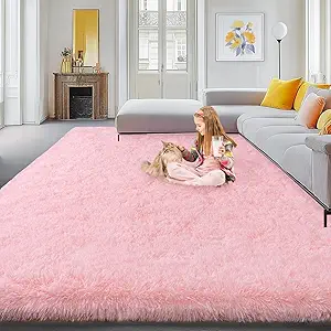 9x12 Large Area Rugs for Living Room, Soft Pink Fluffy Shag Rug for Bedroom, Non-Slip Modern Indoor Plush Shaggy Floor Carpet, Big Fuzzy Rugs for Nursery, Kids & Girls Room, Dorm, Home Decor