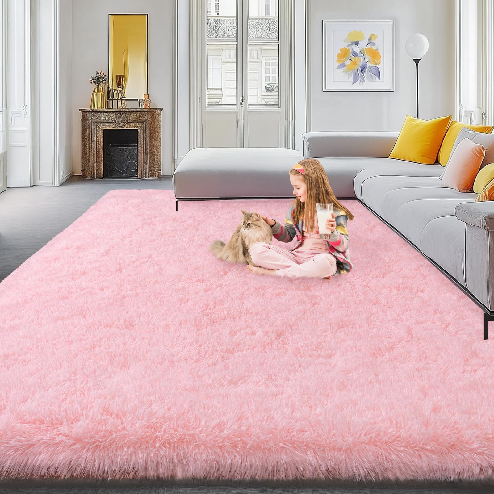 8x10 Area Rugs for Living Room, Large Pink Fluffy Rugs for Bedroom Girls Kids Room Dorm Home Decor, Soft Fuzzy Shaggy Shag Carpet Rug