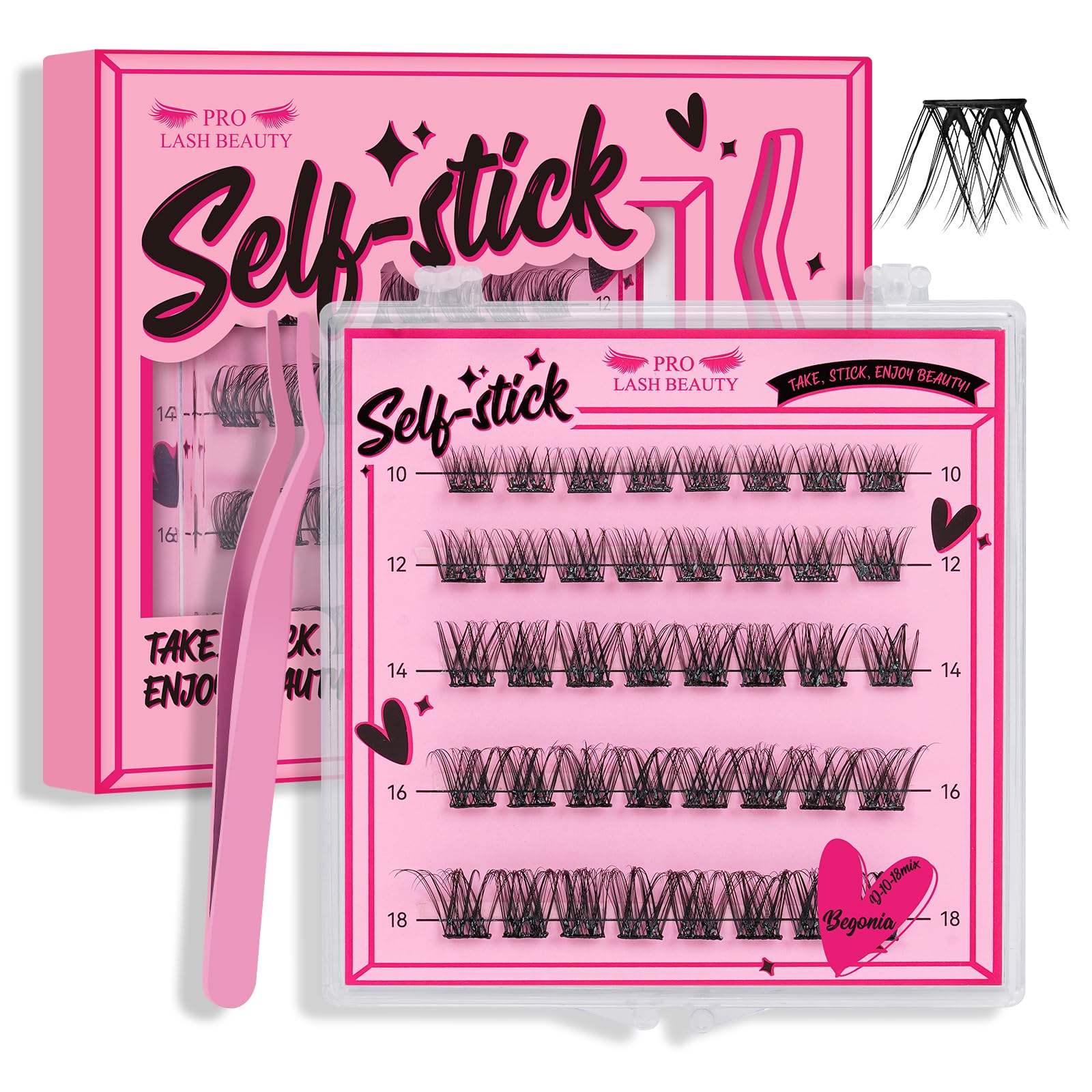 Self Adhesive Eyelashes 48Pcs Lash Clusters Press On Lashes Self Stick Cluster Lashes Pre Glued Eyelash Clusters No Glue No Remover Needed Easy to Apply Save Time (Begonia,D-10-18mix)