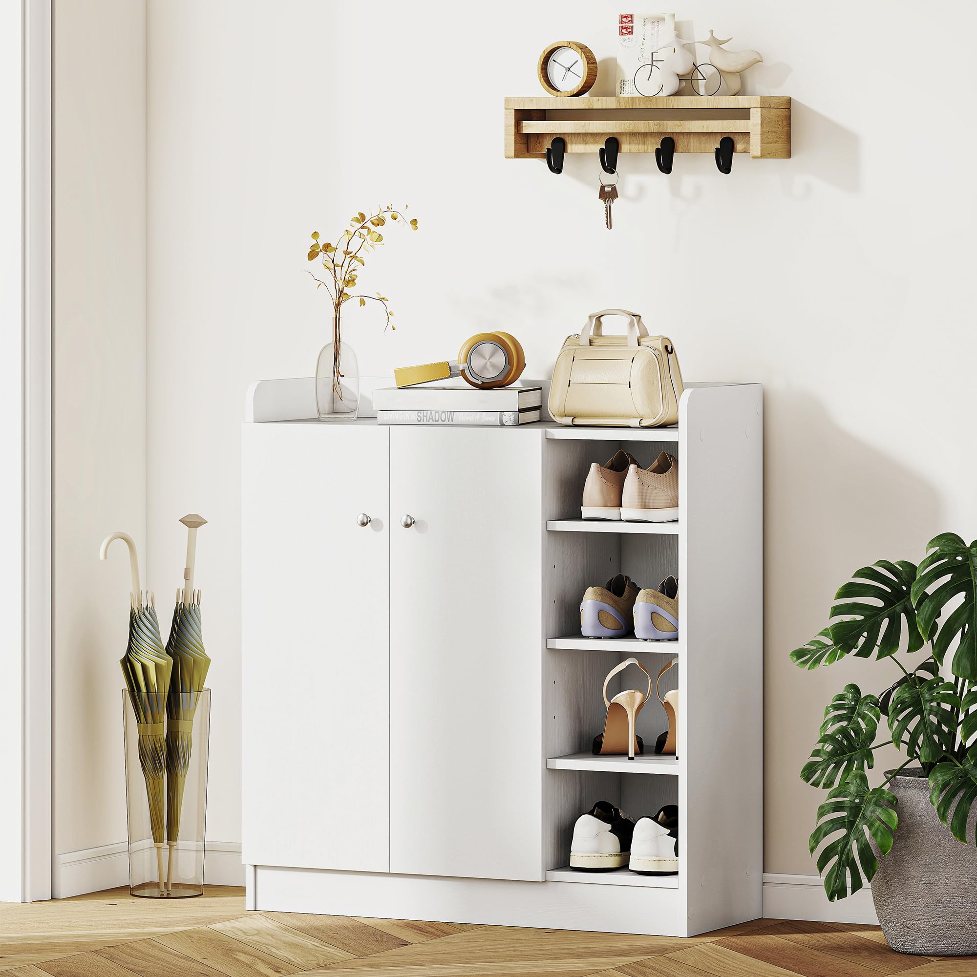 HOMCOM Meuble de Rangement à Chaussures 12 Paires 83L x 30l x 90H cm Blanc | Armoire à Chaussures, 4 Compartiments Ouverts, Placard Double Porte, Étagère Réglable