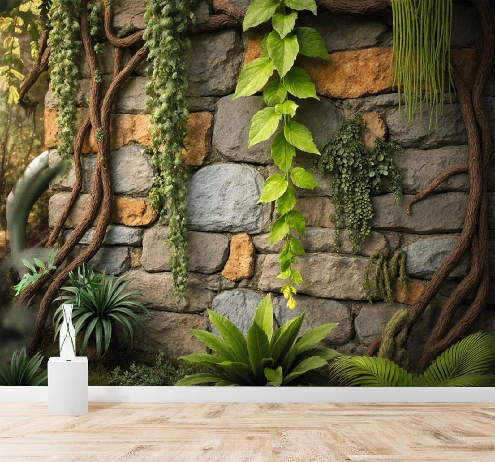 Xlming 300Cm×210Cm(B×H) Vintage Stone Wall Three Dimensional Green Vines Tropical Plants 3D Wallpaper Premium Textured Silk Study Dining Living Room Bedroom Sofa Tv Wall Easy Install-300Cm×210Cm