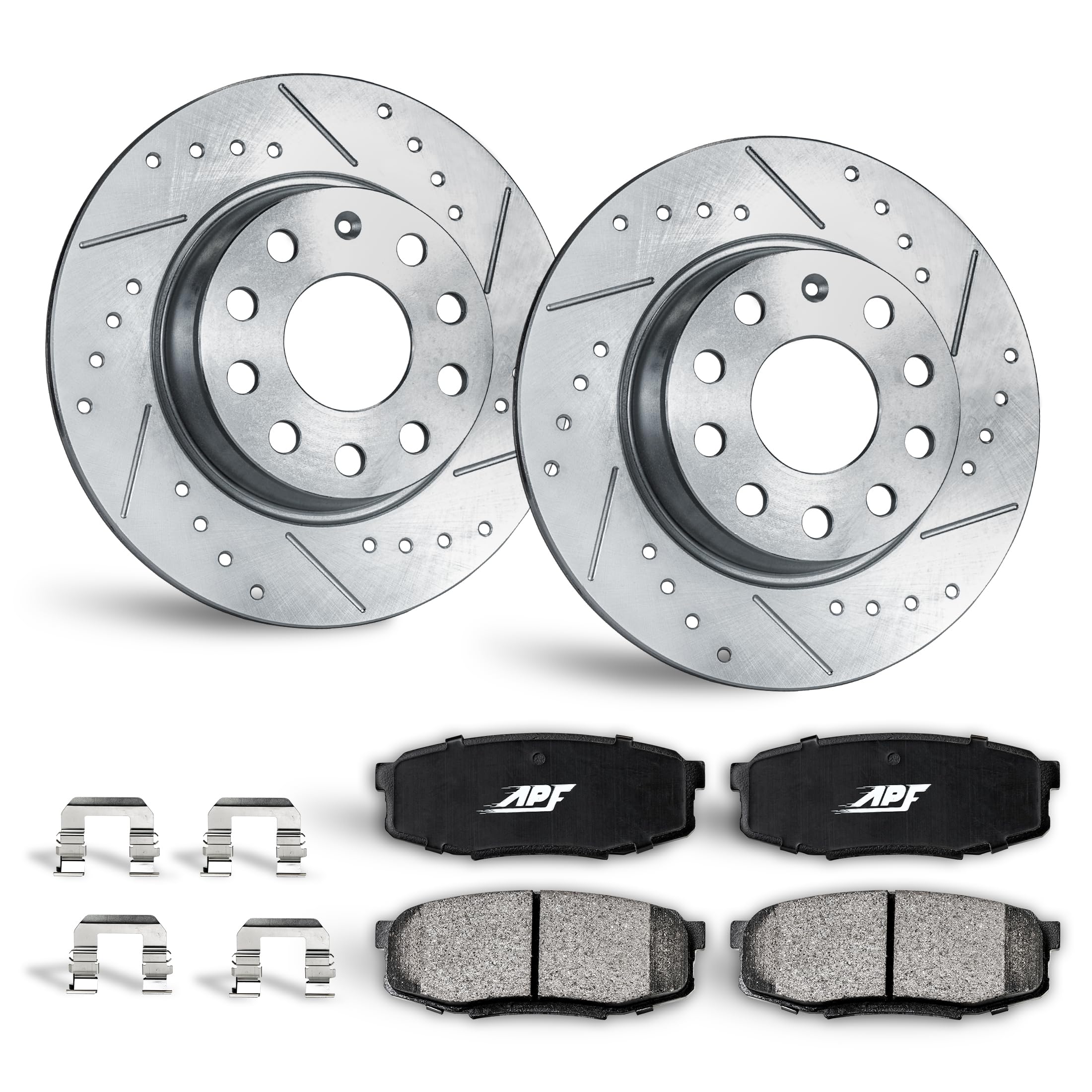 APF Front Brake Kit Compatible For Volkswagen GTI 2006-2014 Zinc Drilled and Slotted Rotors with Carbon Fiber Pads | 9 Lugs | 312 MM / 12.283 Inch