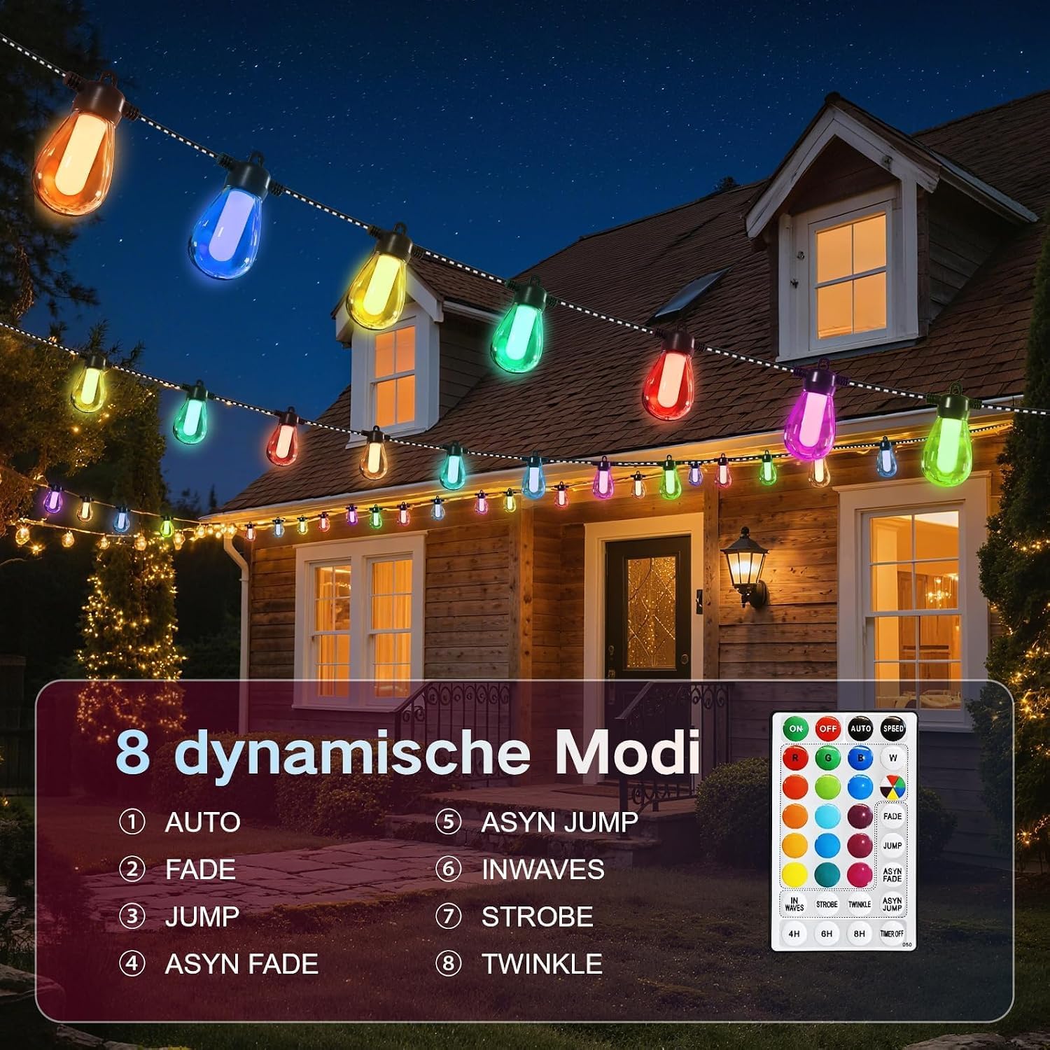 Ciskotu Cadena de luces para exteriores, multicolor, para exteriores, 15 m, G40, iluminación LED, para balcón, exterior, IP65, cadena de luces con mando a distancia