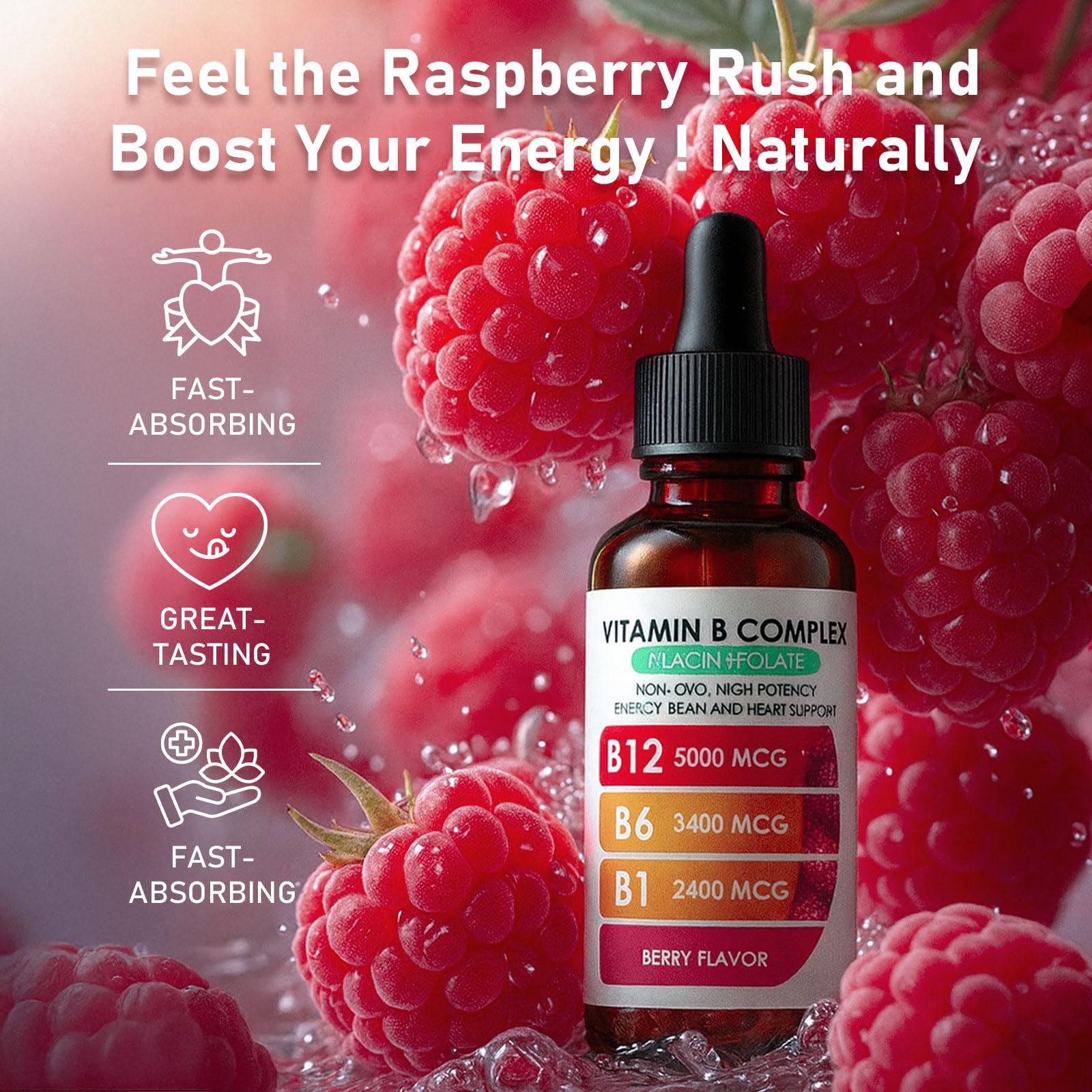Vitamin B12 Complex with B1, B6, Vitamin B12 Raspberry Liquid Supplement, Essential Vitamin 5-in-1 Vitamin B Complex Liquid Drops, Brain Function, Focus, and Natural Energy Support (2PCS) — Amazon image 3