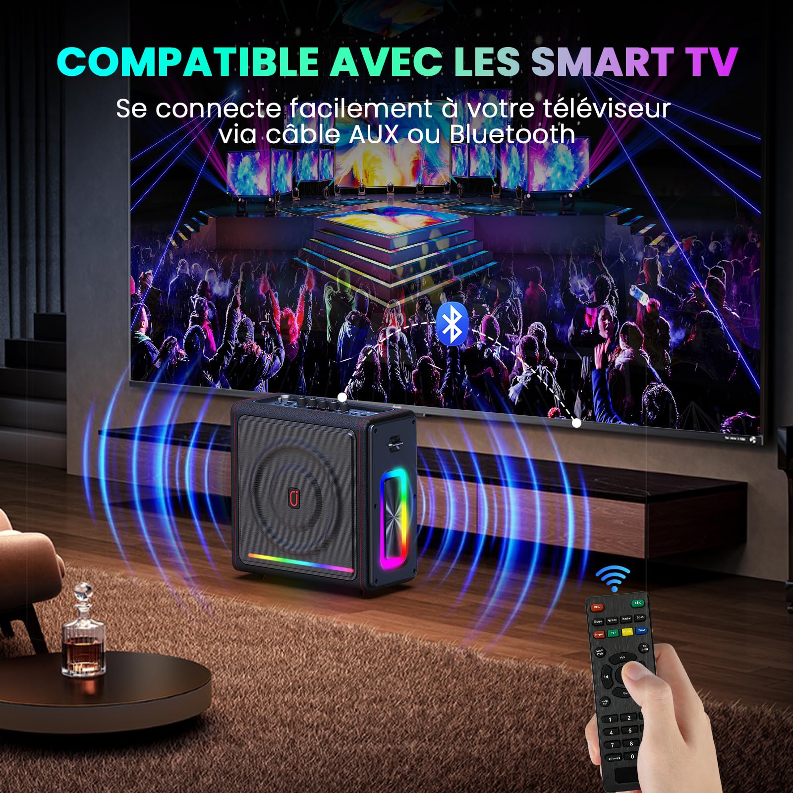 HWWR Machine Karaoke avec 2 Micros sans Fil, Kit karaoké Complet avec LED, 300W Puissance, Autonomie 36h, pour Adulte et Enfants, Système PA Prend en Charge TF/USB, FM, Enregistrement, AUX in et TWS