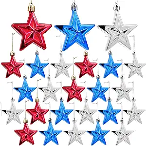 24pcs 4th of July Star Ornaments for Tree - Independence Day Star Hanging Ornaments Blue Red Mini Tree Ornaments for Independence Day Labor Day Christmas Tree Decor