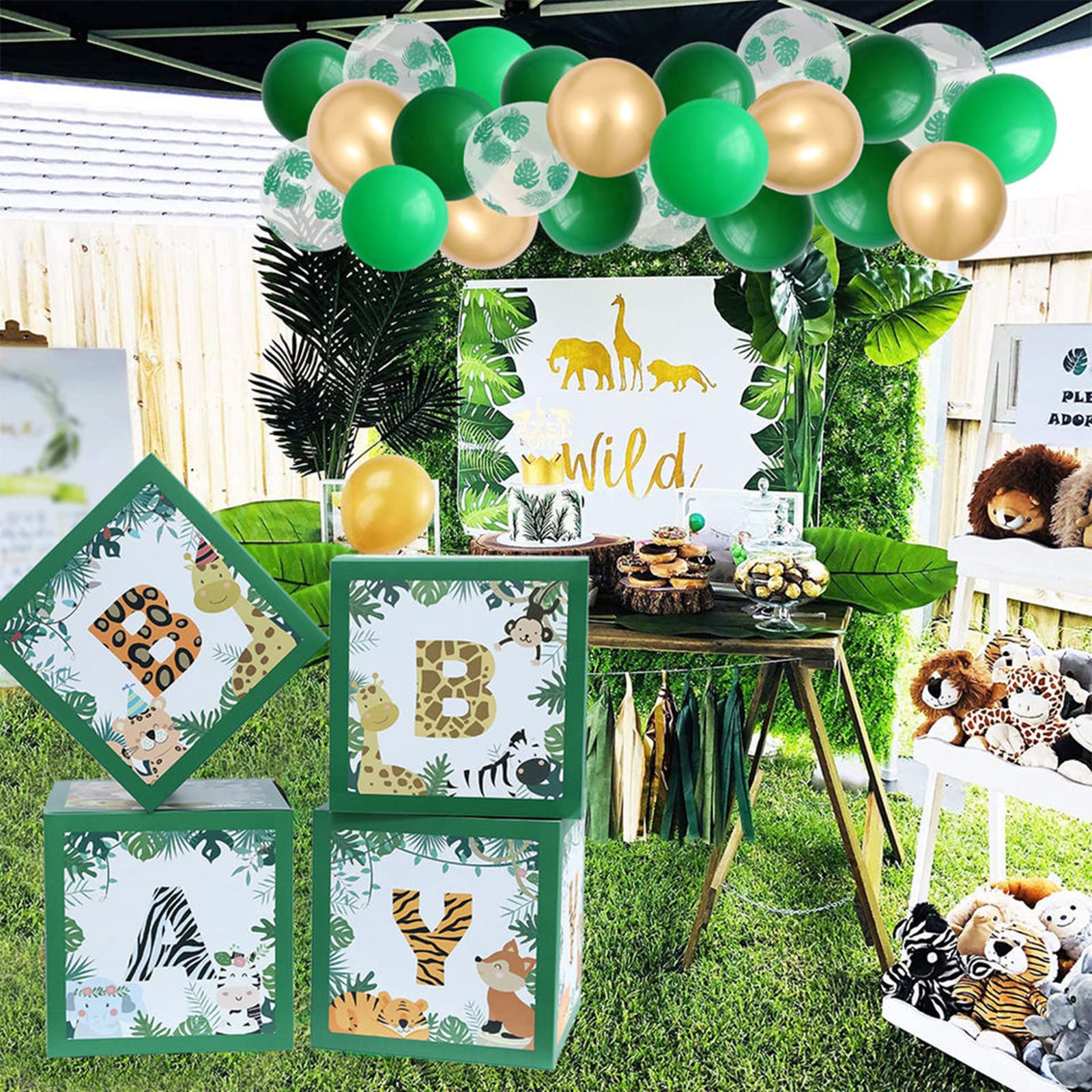 AM ANNA Jungle Safari Animals Baby Balloons Boxes Decoration,4Pcs Green Balloon Boxes Baby Shower Decorations,Gender Reveal Party Supplies Birthday Party Decorations Boy Girl Baby Blocks Decorations