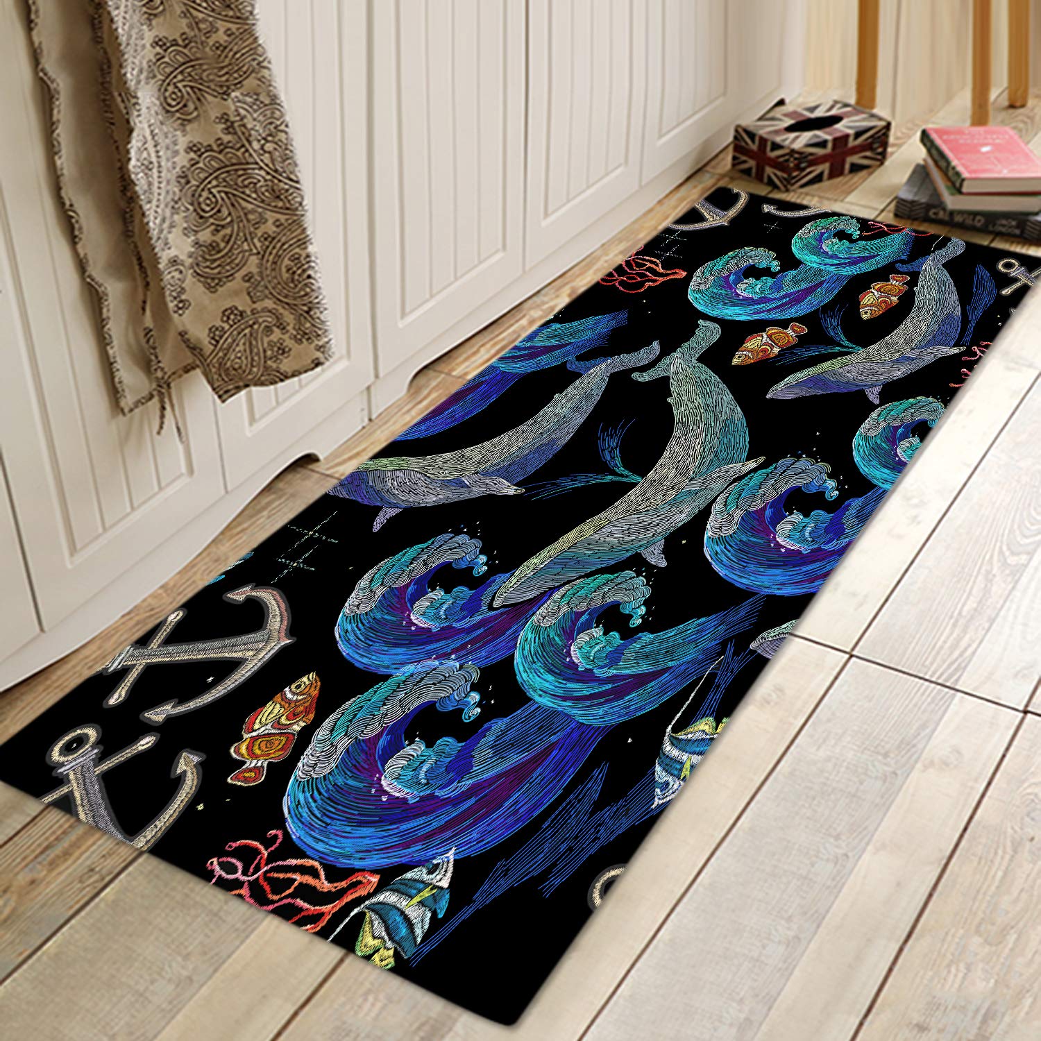 Retro Marine Elements Black Print 17MM Thick Memory Foam Bathroom Carpet and Door Mat Non-Slip Absorbent Super Bath Mats Comfortable Flannel Bathroom Carpet Bed Rug 47 X 18 Inches