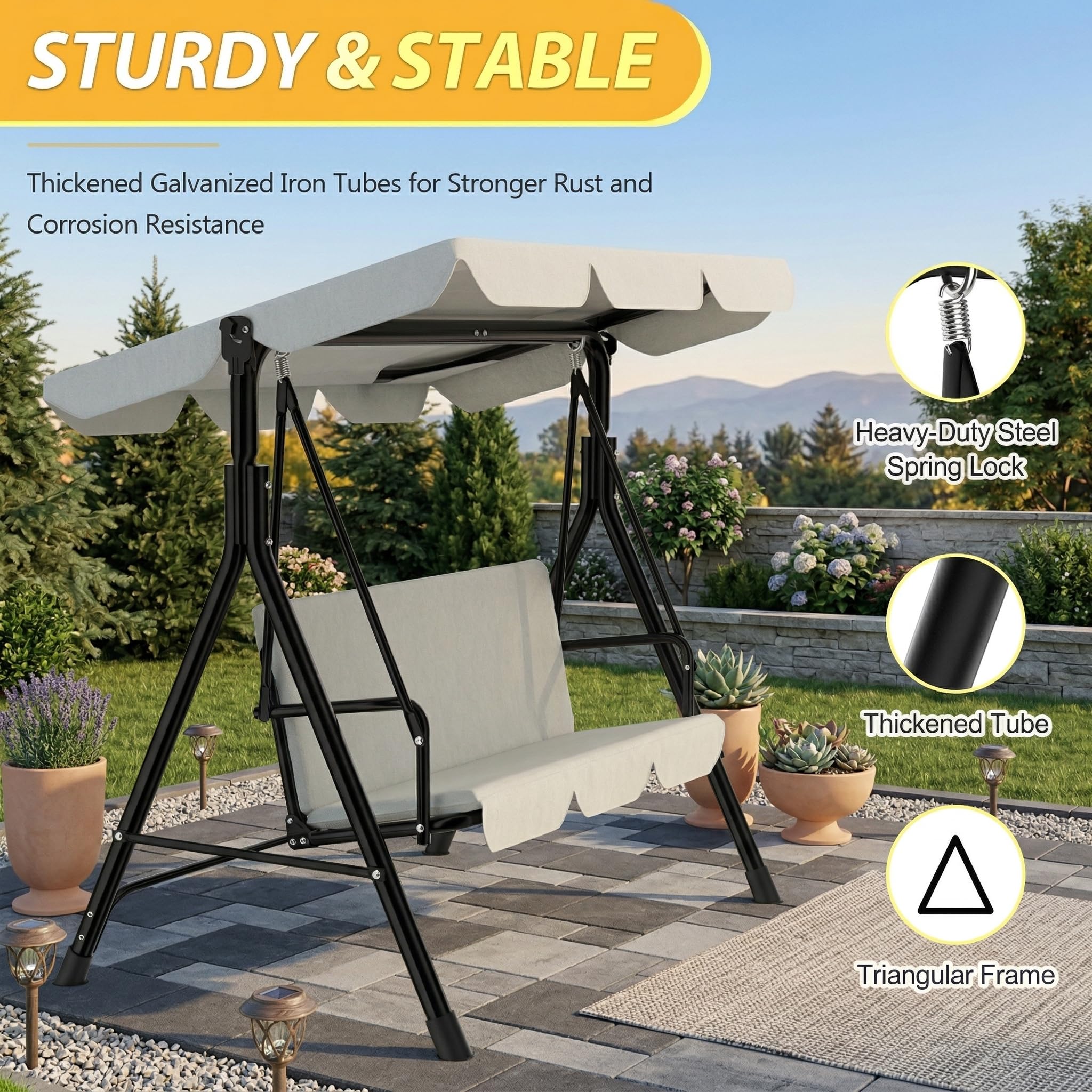Balancelle 3 Places Beige Taille XXL 195 cm avec Toit réglable, Structure Acier 200 kg, Coussins Confortables 6 cm, Anti-UV et Anti-Pluie pour l'extérieur