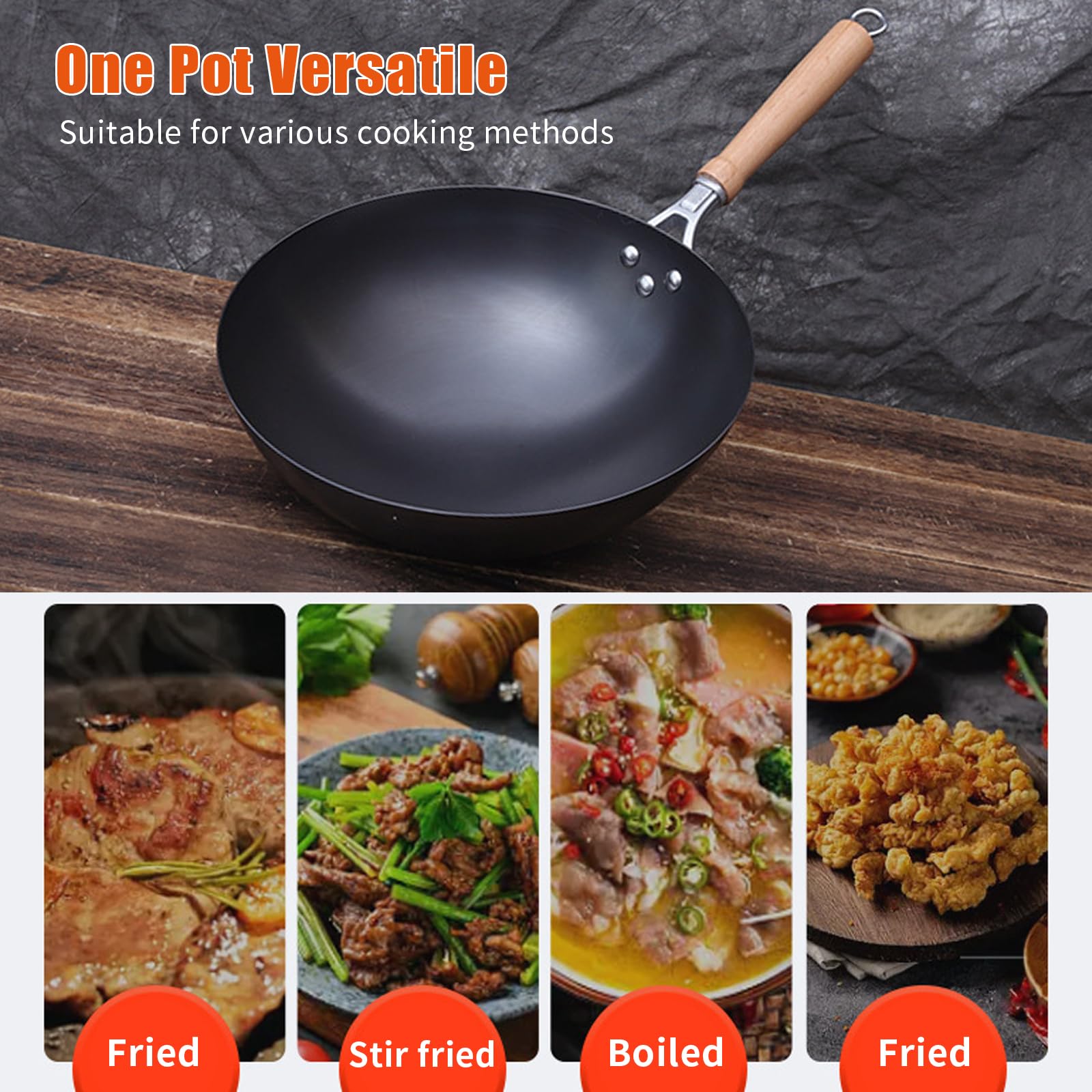 Wok in acciaio al carbonio martellato a mano, 30 cm, in acciaio al carbonio, per induzione, elettrico, gas, alogeno, tutti i fornelli