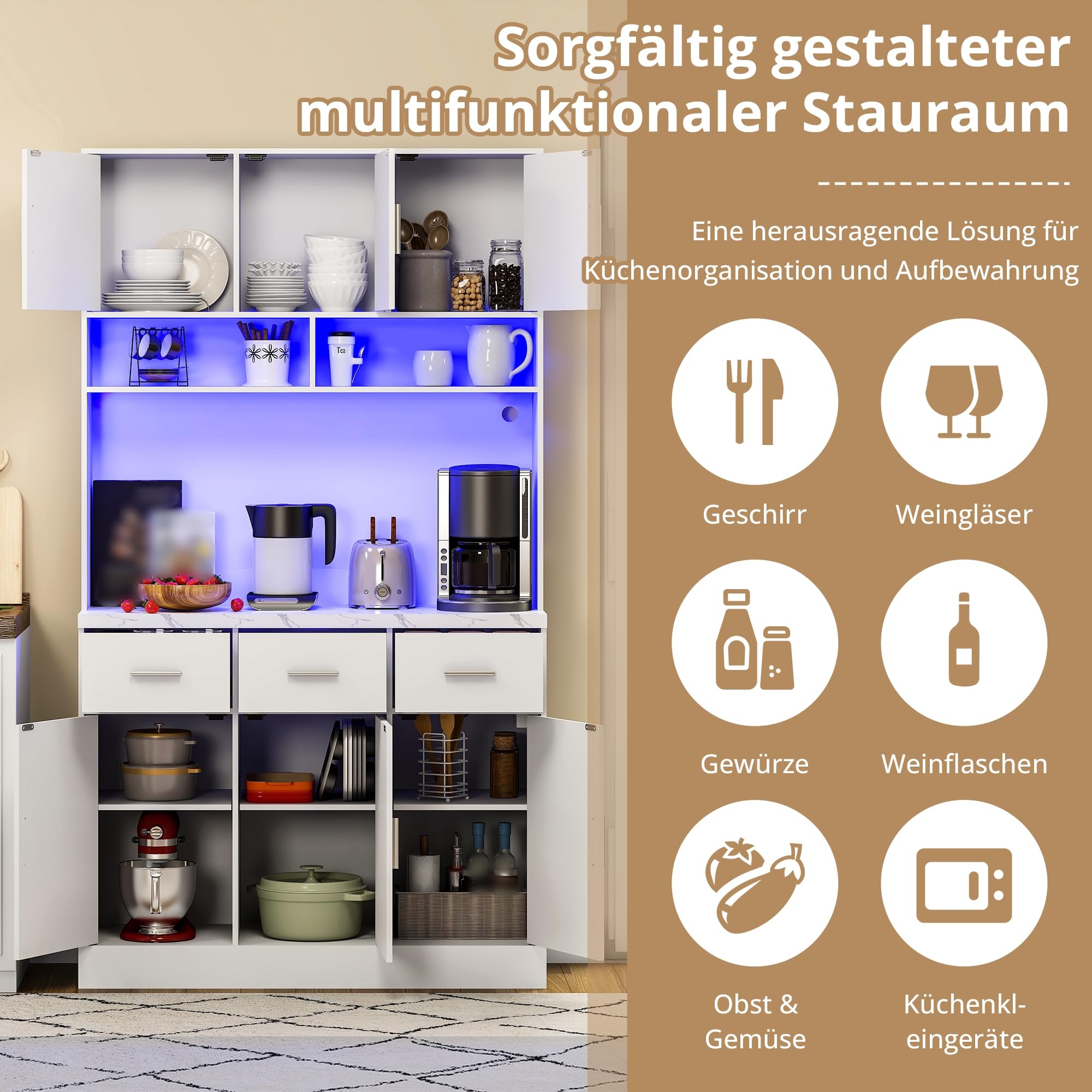 Küchenschrank 100x40x180cm, Buffetschrank mit Arbeitsplatte, Hochschrank mit LED-Beleuchtung und Steckdosen, verstellbaren Regalen und 3 Schubladen, für Küche Wohnzimmer, Weiß