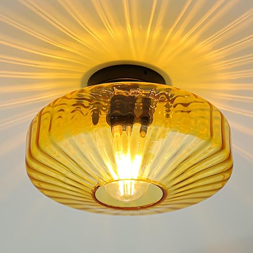 Miniatura 7 de Lámpara de techo semiempotrada de 11.8 pulgadas, moderna de mediados de siglo, 1 lámpara cerca del techo con pantalla de cristal ámbar de tambor