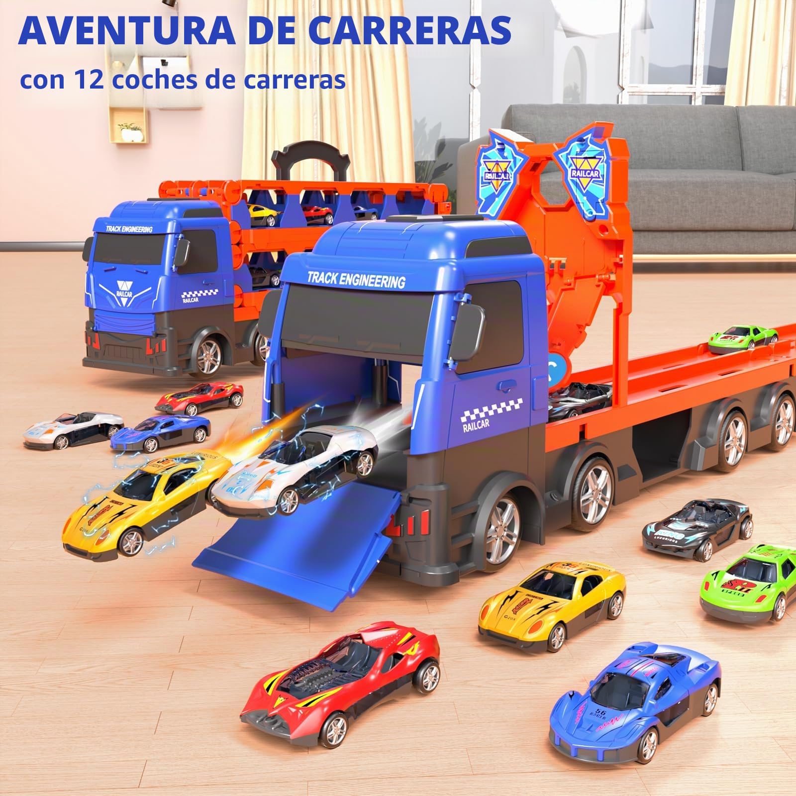 Doloowee vagón catapulta para Juguetes a Partir de 3 años, camión de Transporte portátil Coches de Juguete con 12 Mini Coches de Carreras, Coche transportador de Juguete para niños de 3 4 5 6 7 años