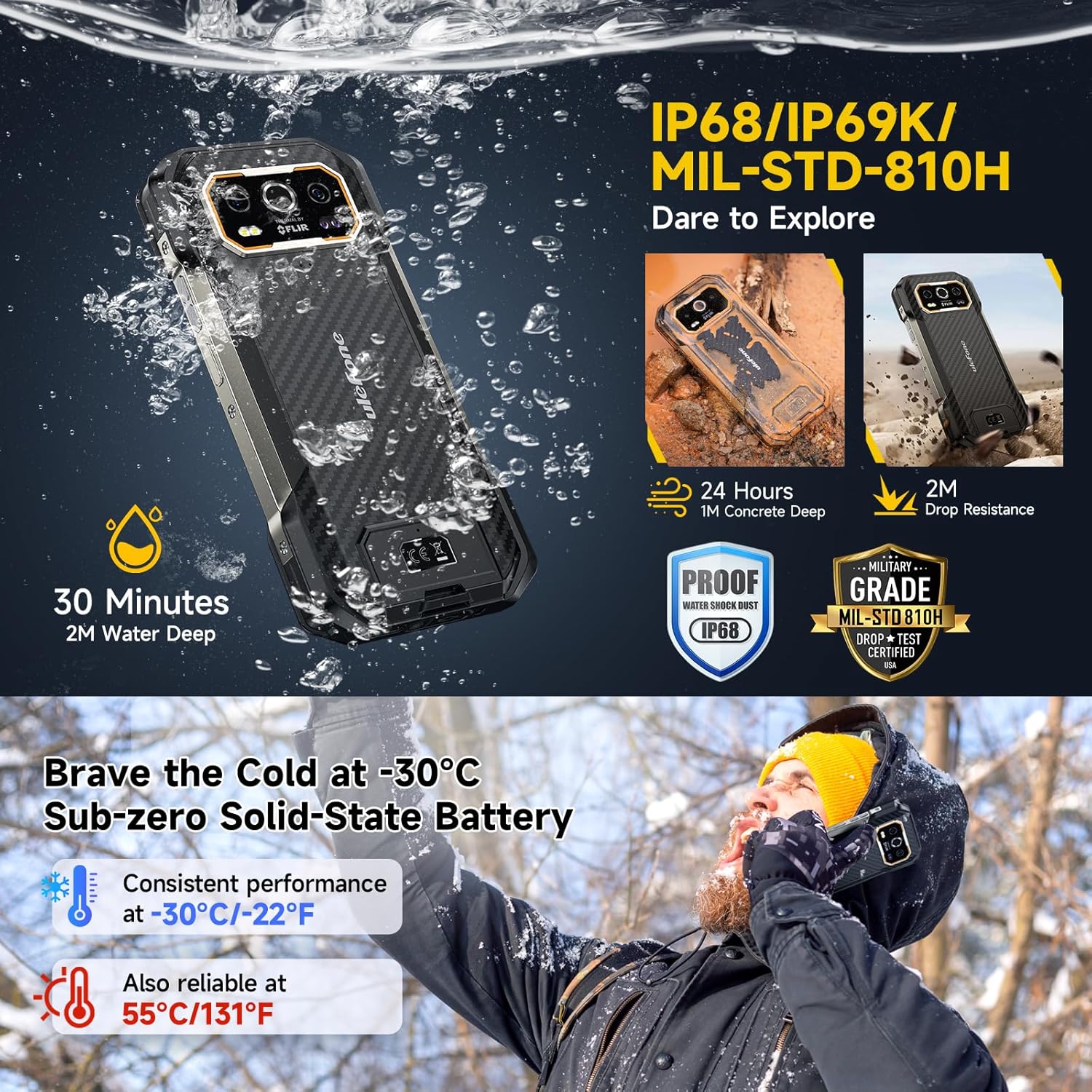 Ulefone Armor 27T Rugged Phone with Thermal Imaging Camera, 10600mAh 12GB+256GB MTK Helio G99 Android 14, 50MP+64MP Night Vision, 6.78" FHD+ 120Hz, IP68/69K Waterproof Dual SIM Smartphone NFC - Image 7