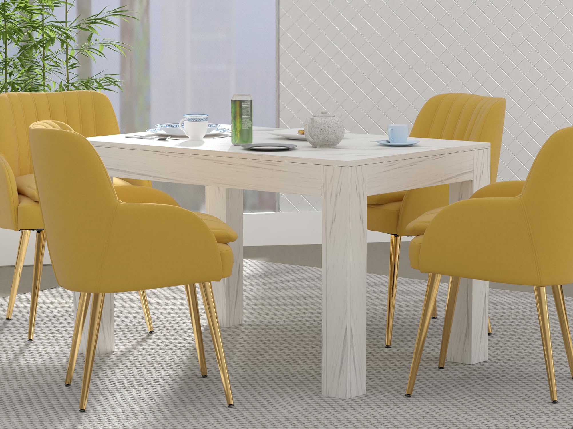 Mahmayi Modern Wooden 4-Seater Dining Table Only - Stylish White Levanto Marble Finish for Kitchen, Dining Room, Living Room