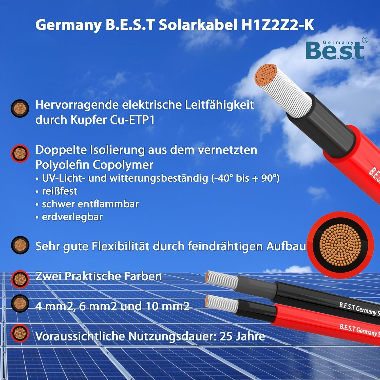 Solarkabel Solarleitung 25m 4mm² Photovoltaik PV Kabel + 10 Stecker Schwarz