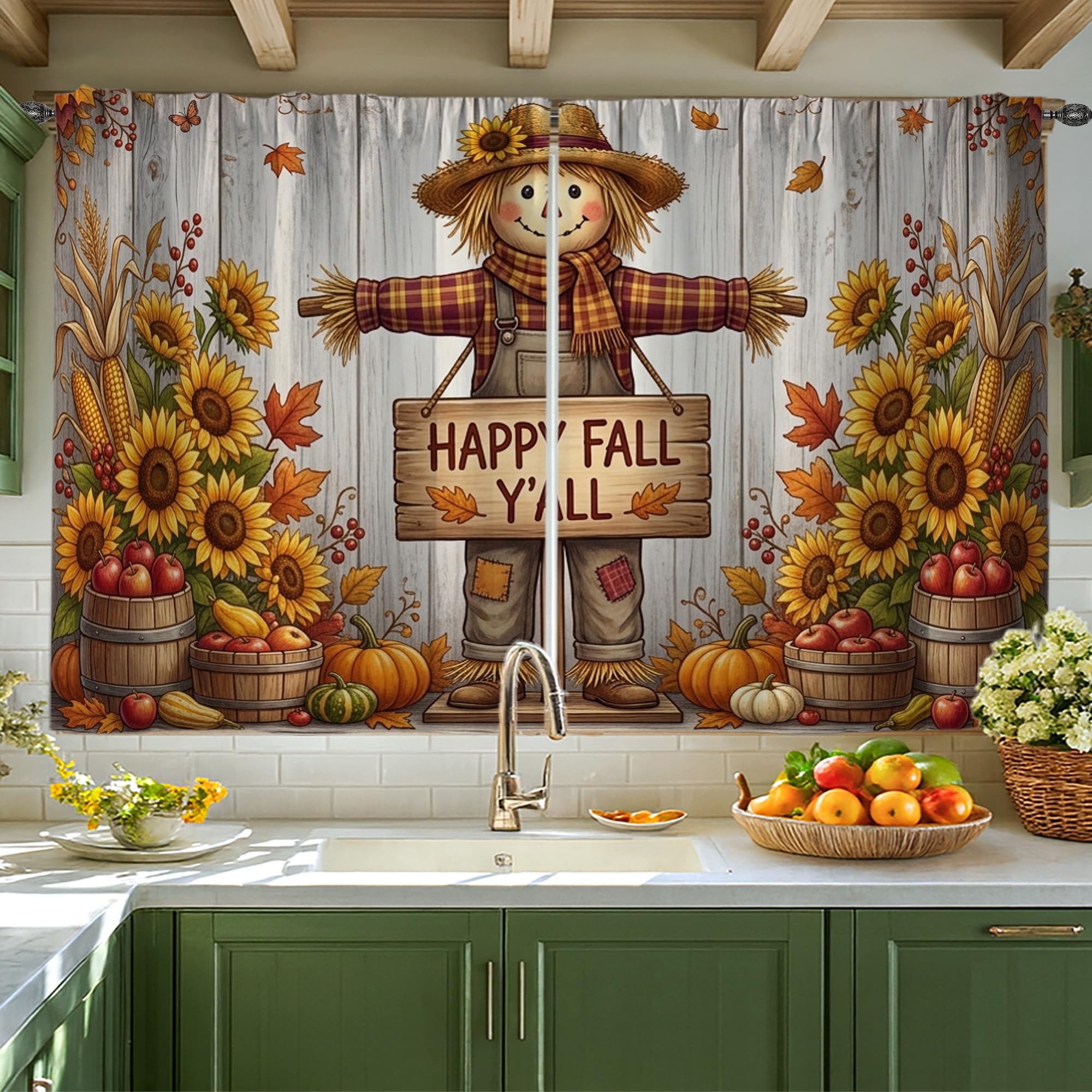 Rideaux rustiques cuisine 106x114 cm motif tournesol et citrouille