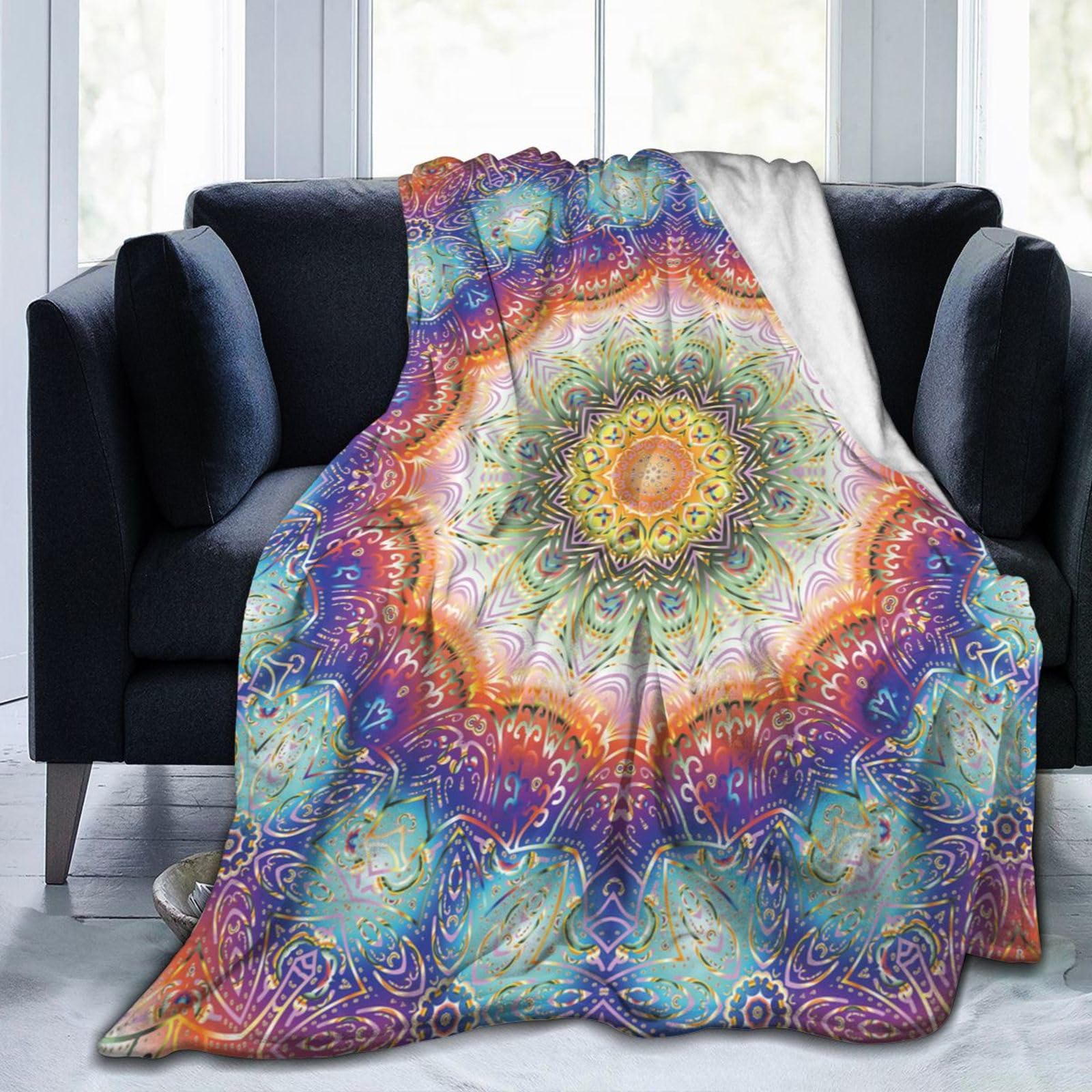 Duduho Mandala Peacock Feather Background Bed Blanket Ultra Soft Throw Blanket All Season Warm Light Weight Cozy Plush Blankets for Home Bedroom Sofa