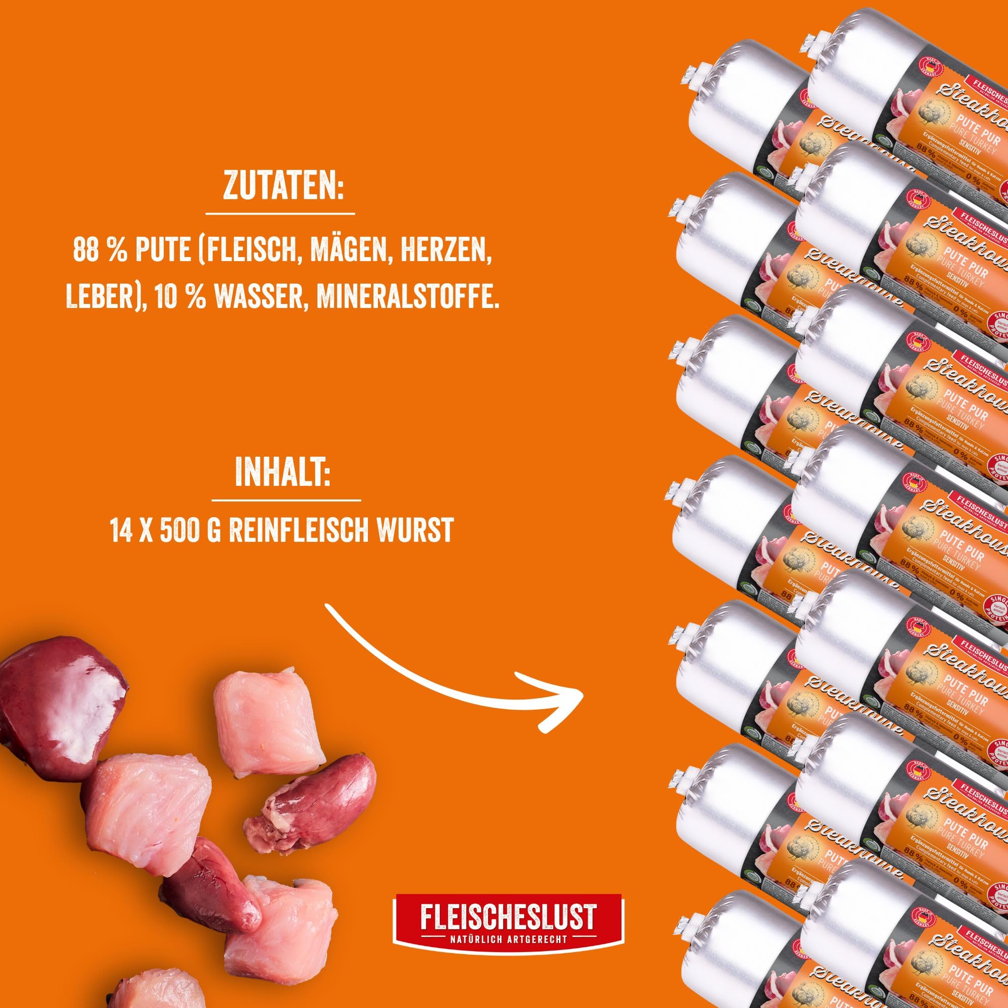 Steakhouse - Comida húmeda para perros y gatos (12 x 500 g), monoproteína, sin cereales, 14 salchichas de Fleischeslust